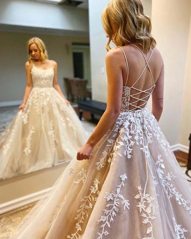 A-line Round Neck Tulle Lace Yellow Prom Dress Formal Dress PSK032