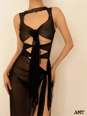 Amy Fashion - Mesh Sheer See Through Summer  for Women Beach Party Clubwear Sleeveless Hollow Out  Female Vestidos