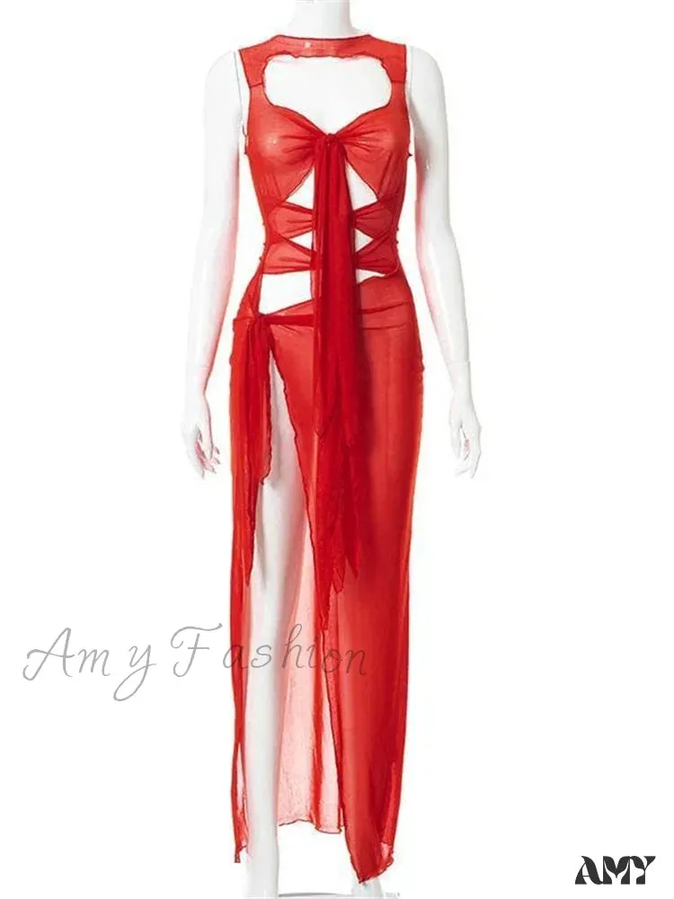 Amy Fashion - Mesh Sheer See Through Summer  for Women Beach Party Clubwear Sleeveless Hollow Out  Female Vestidos