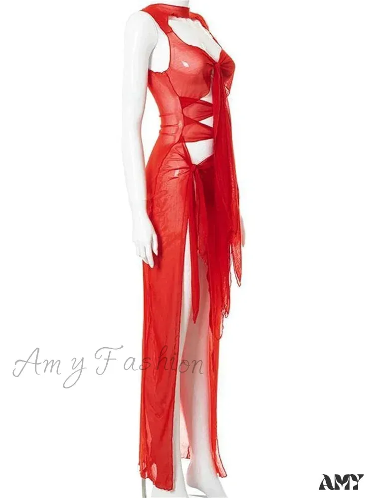 Amy Fashion - Mesh Sheer See Through Summer  for Women Beach Party Clubwear Sleeveless Hollow Out  Female Vestidos