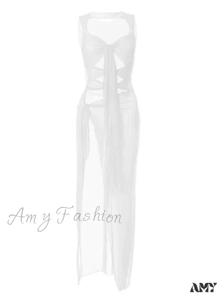 Amy Fashion - Mesh Sheer See Through Summer  for Women Beach Party Clubwear Sleeveless Hollow Out  Female Vestidos