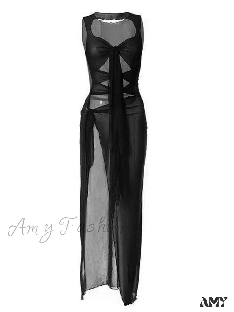 Amy Fashion - Mesh Sheer See Through Summer  for Women Beach Party Clubwear Sleeveless Hollow Out  Female Vestidos