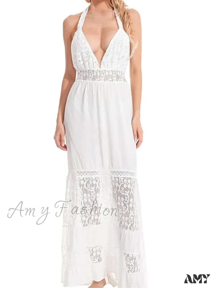 Amy Fashion - Sexy Women Bohemian  Sleeveless Backless Halter Lace Patchwork Summer Beach Vacation Holiday Vestidos