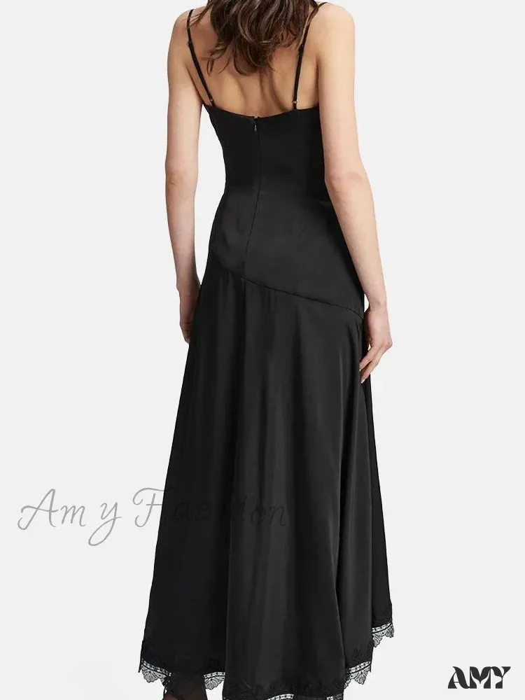 Amy Fashion - Sexy Women Side High Split Sleeveless Strap V-neck Lace Patchwork  Summer Cocktail Party Vestido