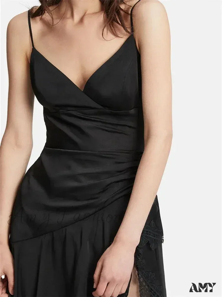 Amy Fashion - Sexy Women Side High Split Sleeveless Strap V-neck Lace Patchwork  Summer Cocktail Party Vestido
