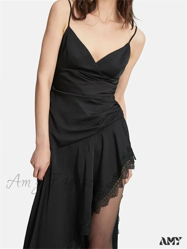 Amy Fashion - Sexy Women Side High Split Sleeveless Strap V-neck Lace Patchwork  Summer Cocktail Party Vestido