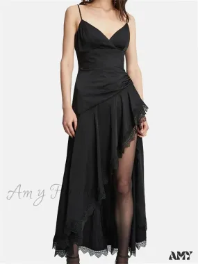Amy Fashion - Sexy Women Side High Split Sleeveless Strap V-neck Lace Patchwork  Summer Cocktail Party Vestido