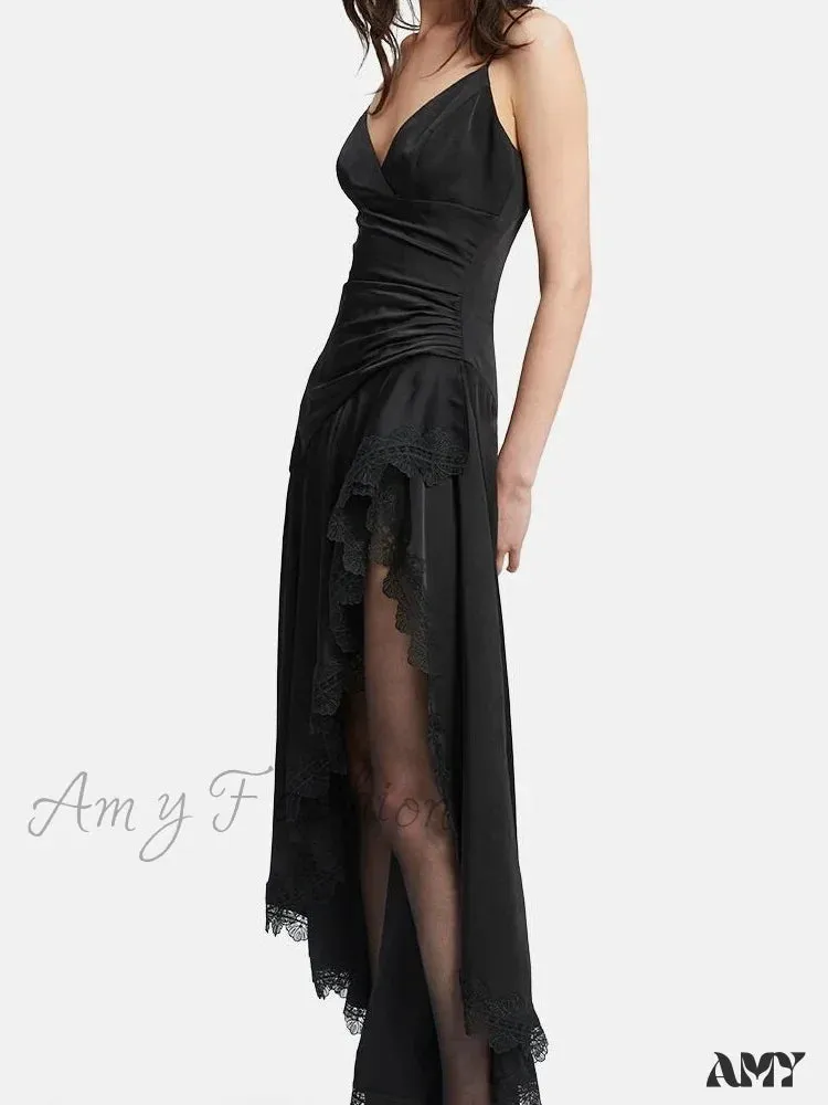 Amy Fashion - Sexy Women Side High Split Sleeveless Strap V-neck Lace Patchwork  Summer Cocktail Party Vestido