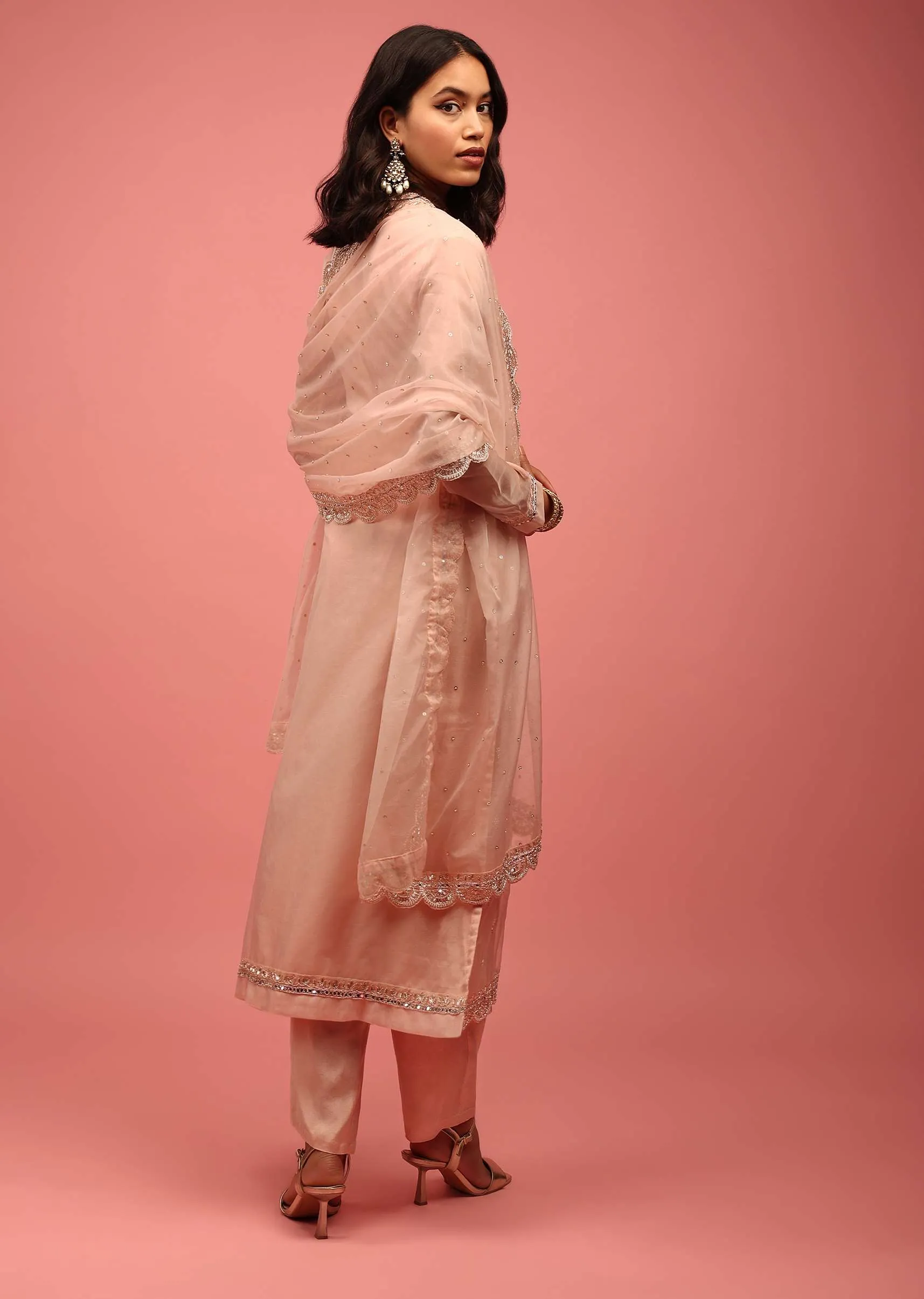 Baby Pink Trouser Suit Set Fully Hand-Embellished In Organza