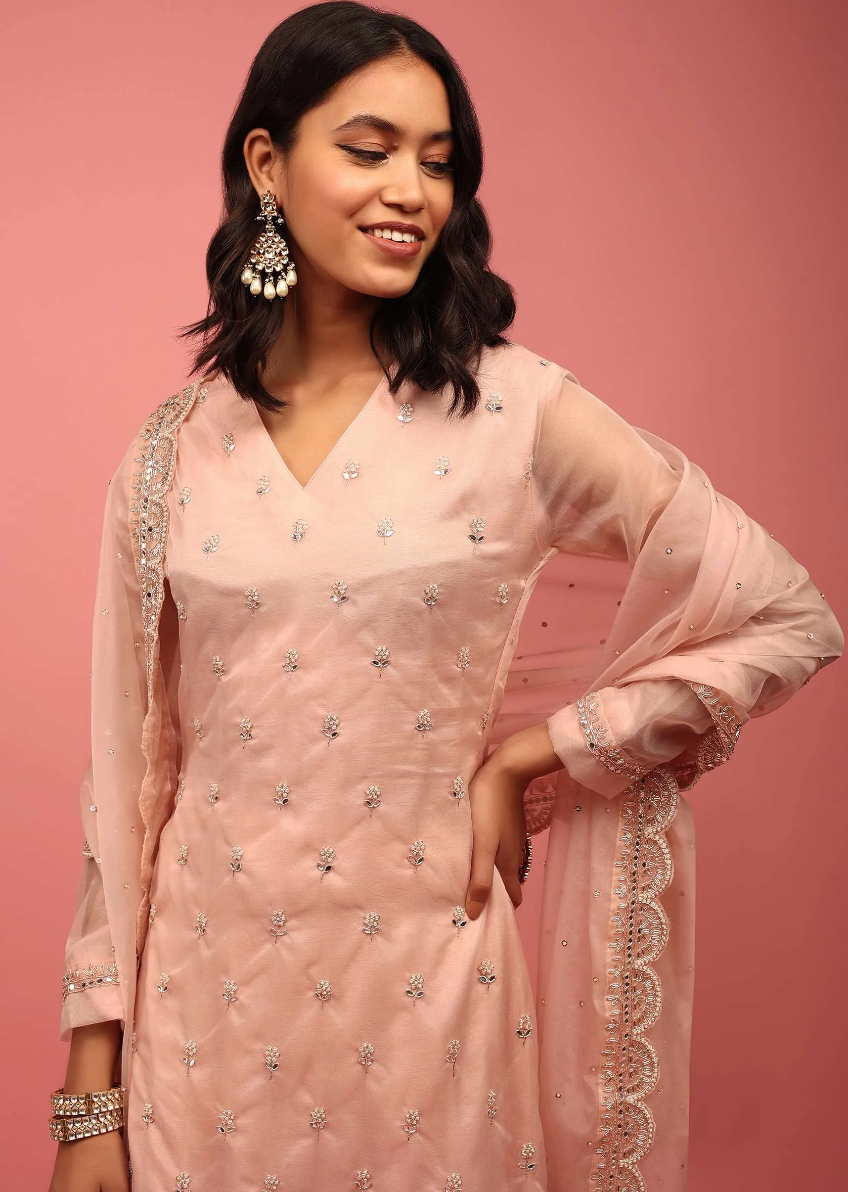 Baby Pink Trouser Suit Set Fully Hand-Embellished In Organza
