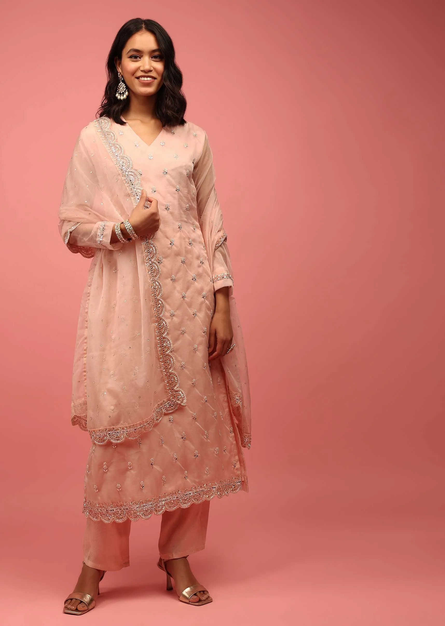 Baby Pink Trouser Suit Set Fully Hand-Embellished In Organza