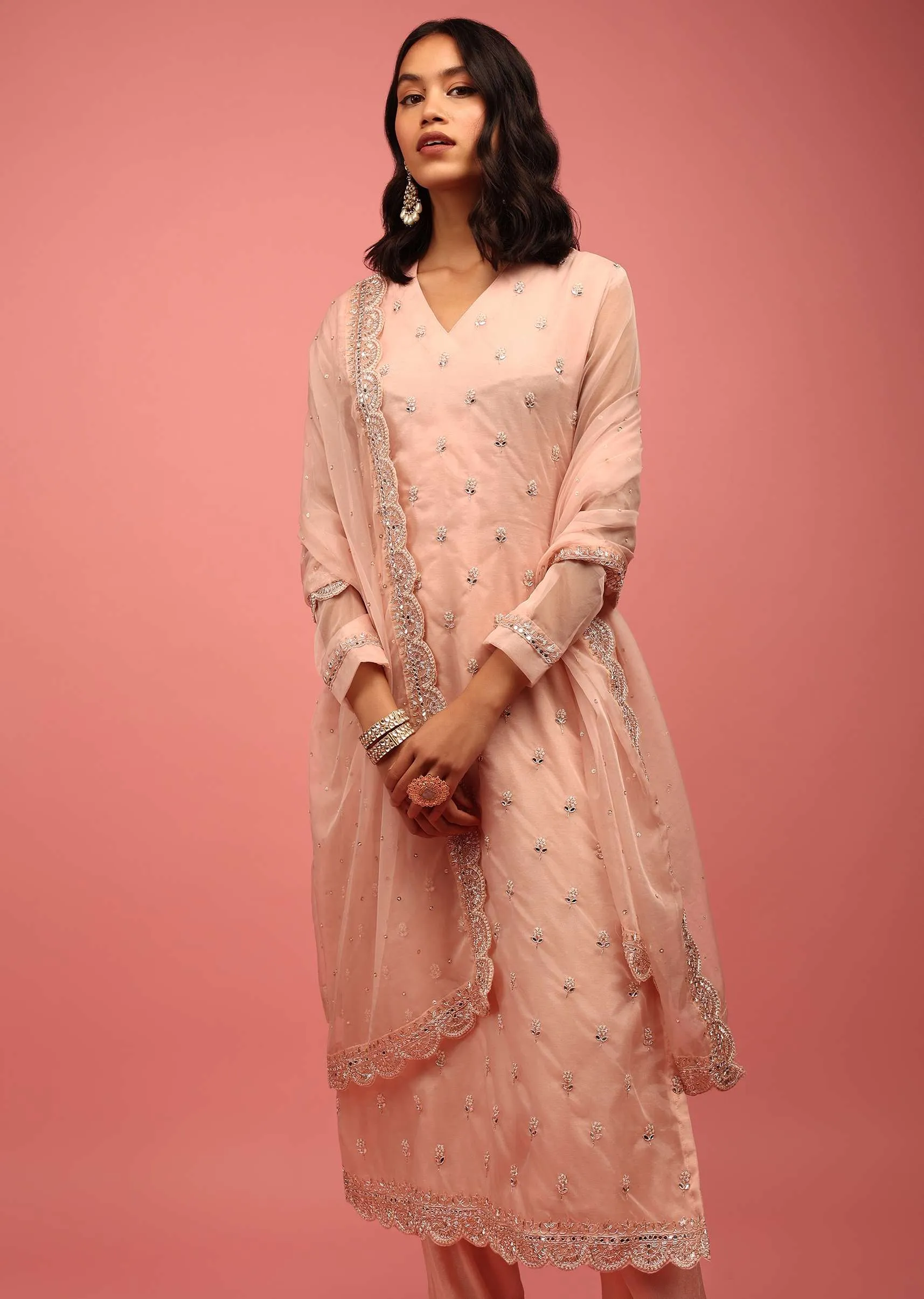 Baby Pink Trouser Suit Set Fully Hand-Embellished In Organza