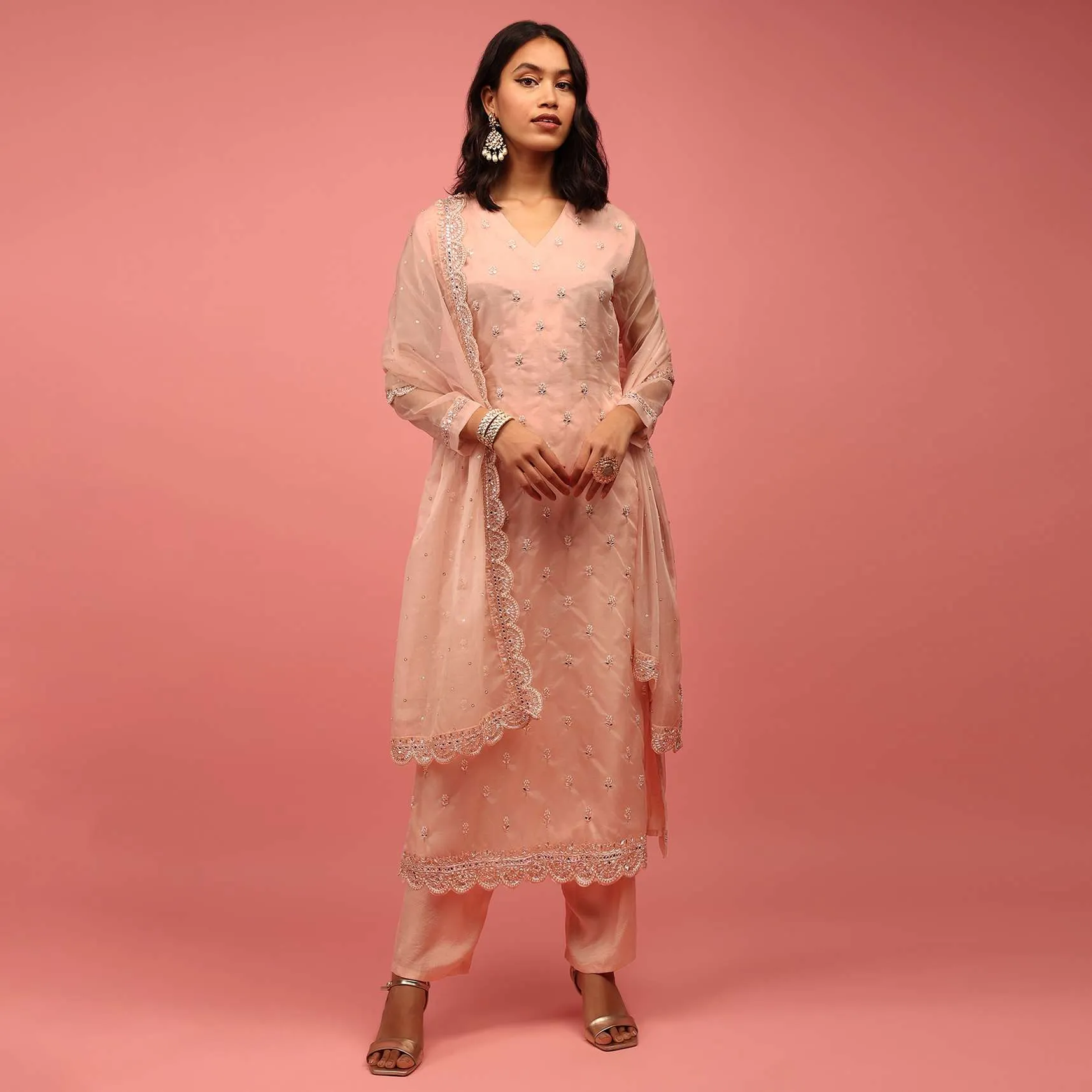 Baby Pink Trouser Suit Set Fully Hand-Embellished In Organza