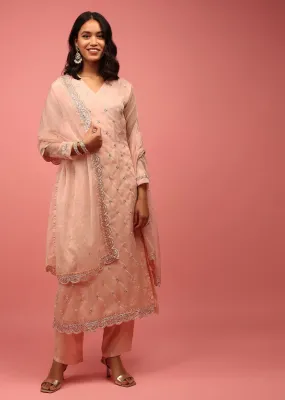 Baby Pink Trouser Suit Set Fully Hand-Embellished In Organza