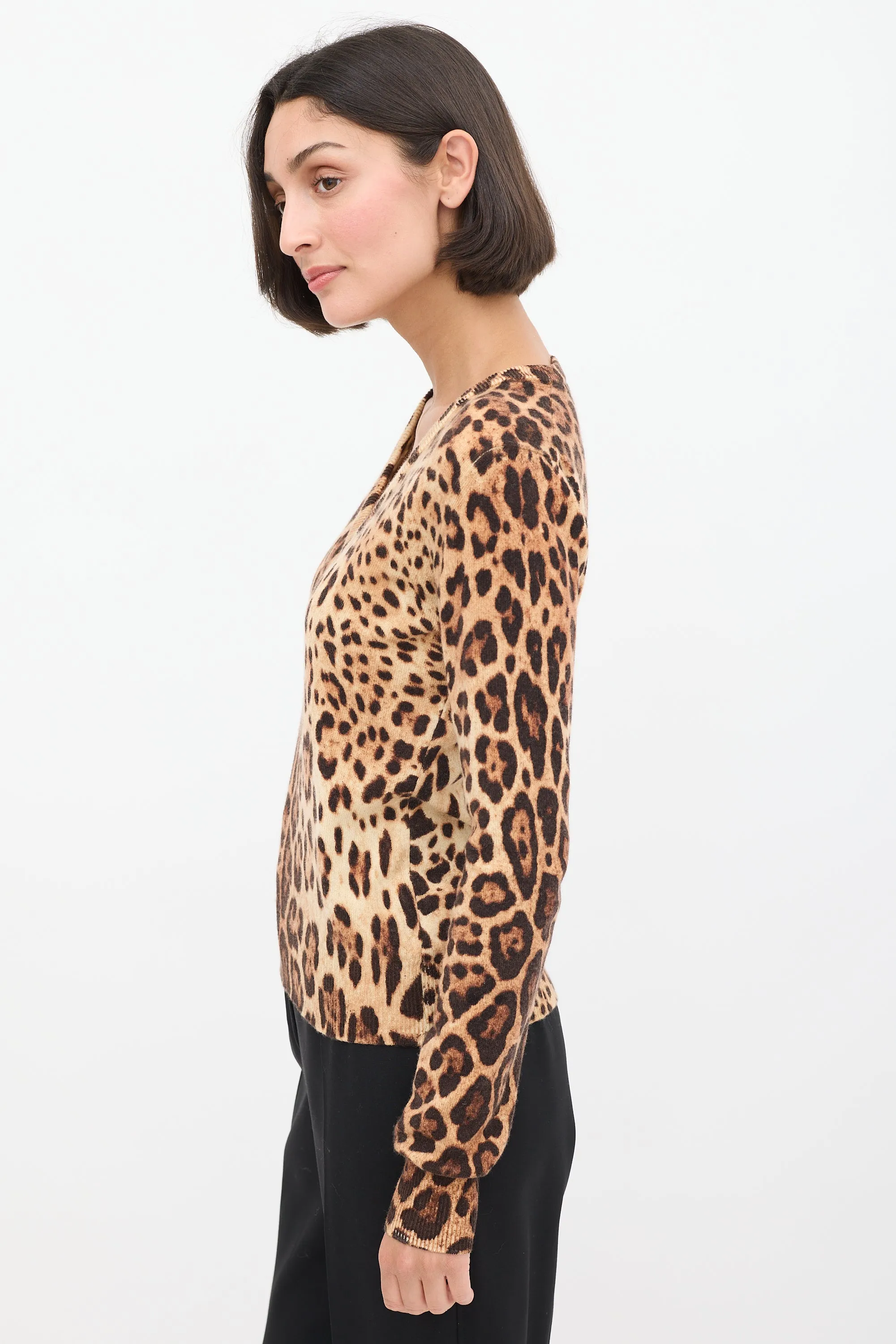 Brown Cashmere Printed V-Neck Sweater