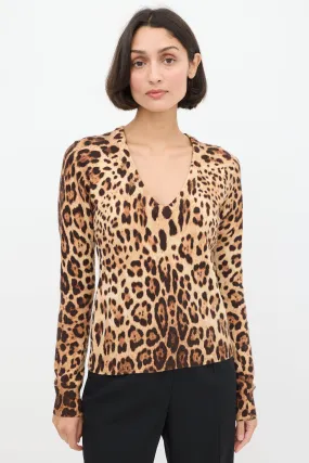 Brown Cashmere Printed V-Neck Sweater