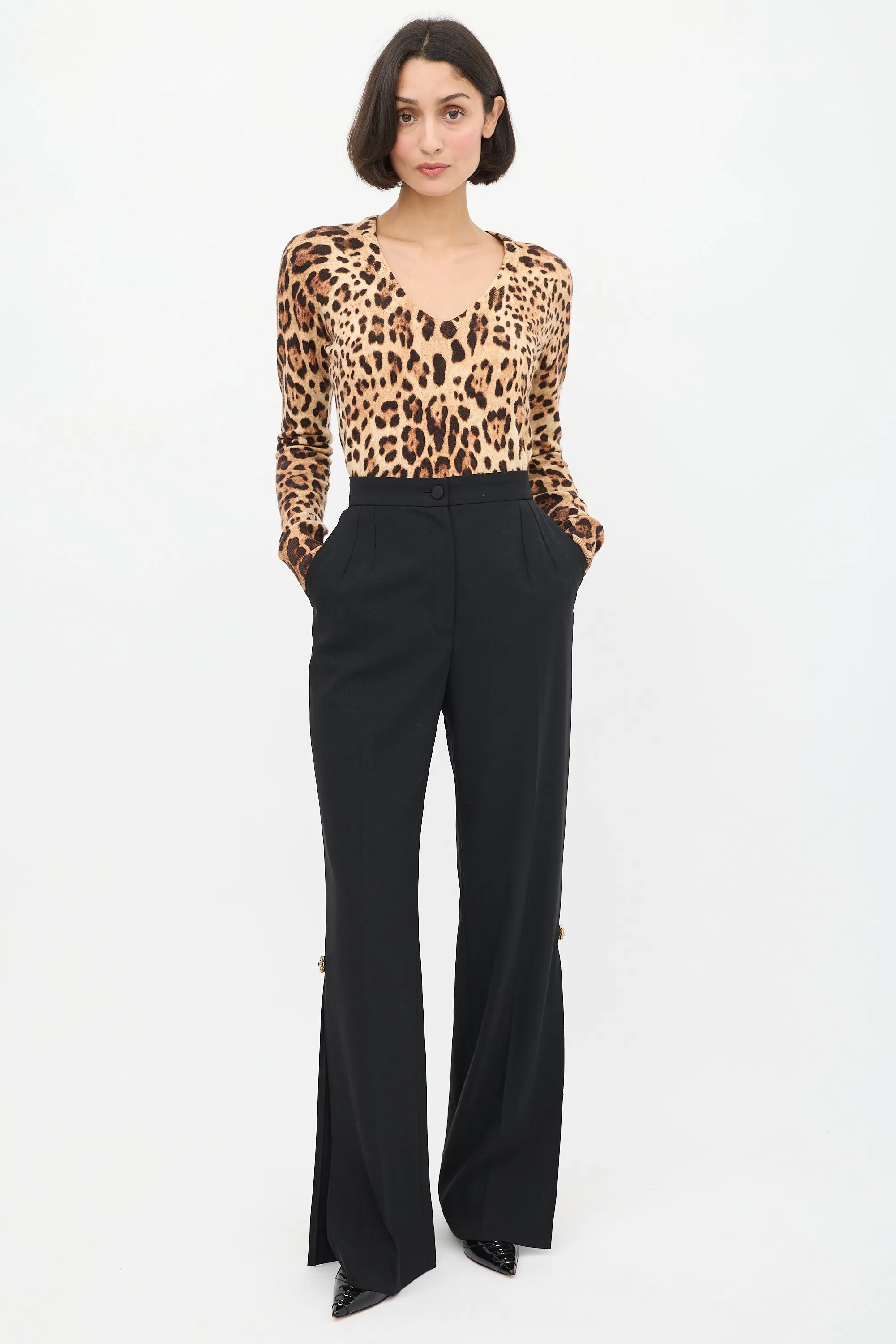 Brown Cashmere Printed V-Neck Sweater