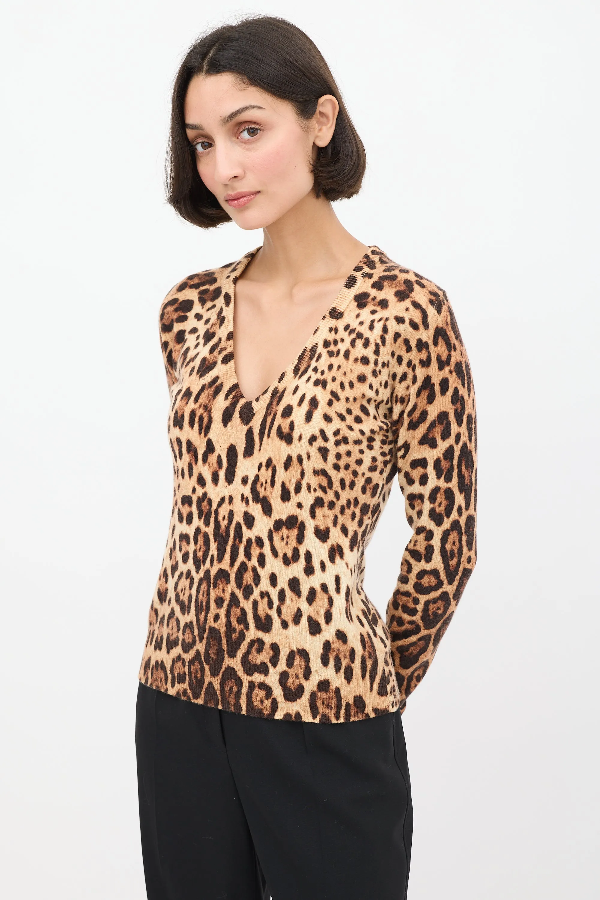 Brown Cashmere Printed V-Neck Sweater
