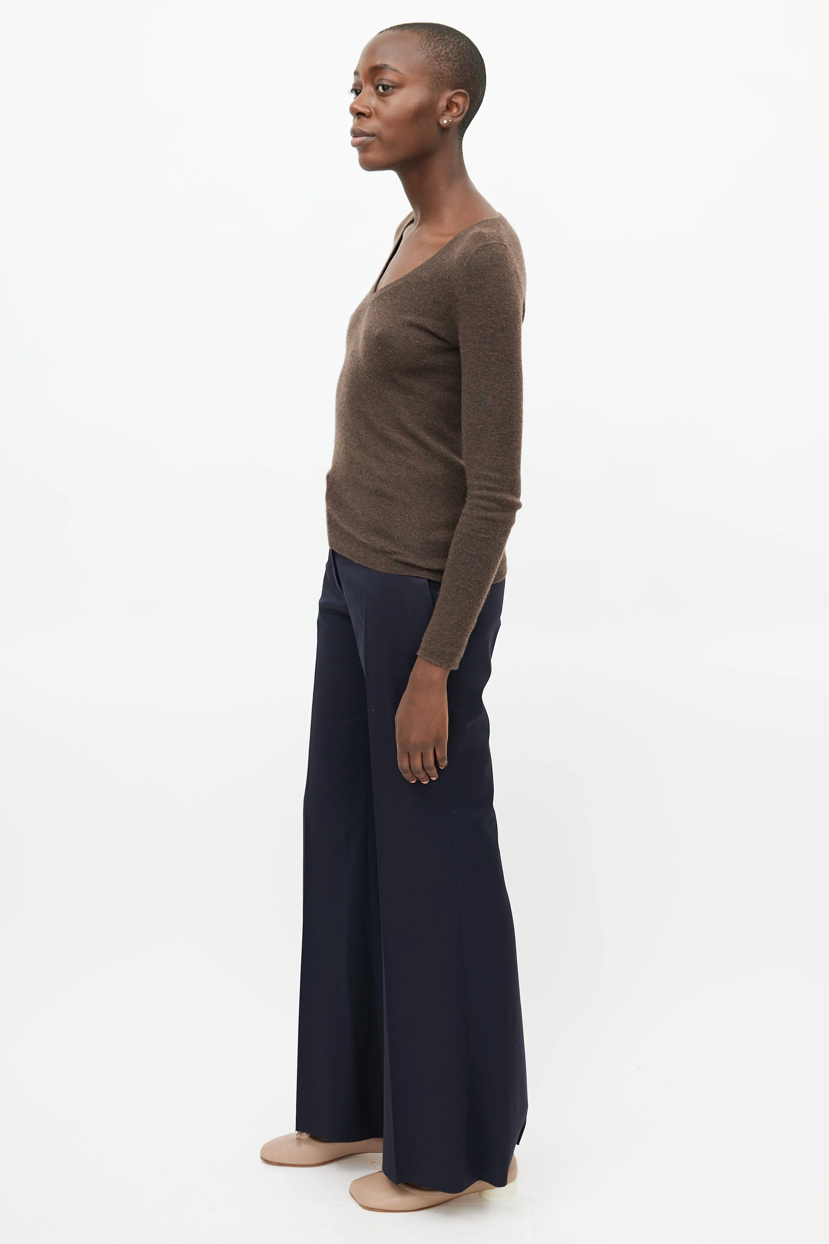 Brown Cashmere V-Neck Sweater