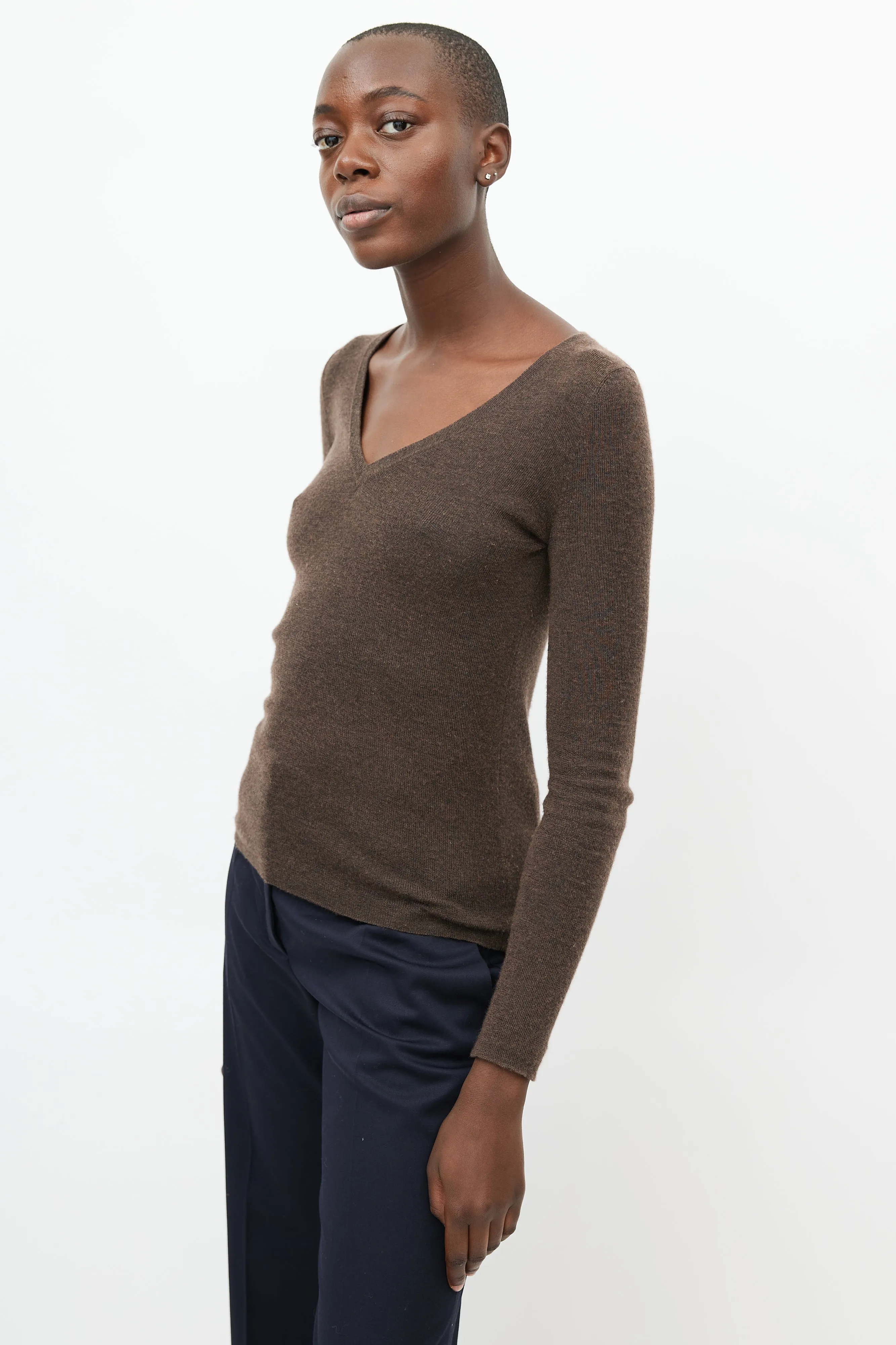 Brown Cashmere V-Neck Sweater