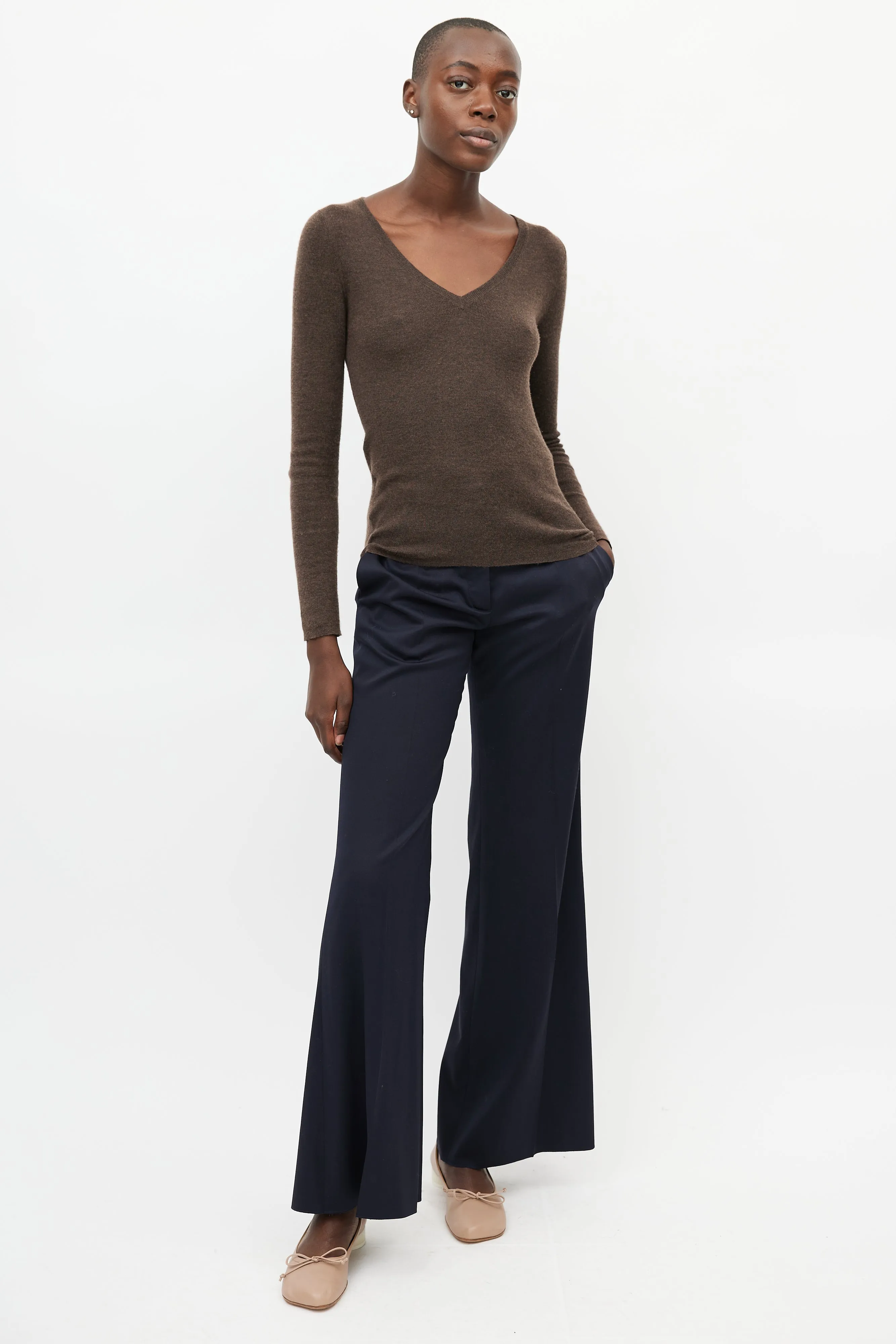 Brown Cashmere V-Neck Sweater