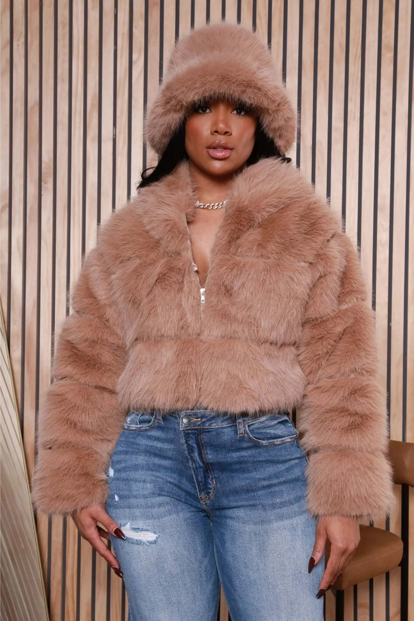 Call It Yours Faux Fur Hooded Jacket - Beige