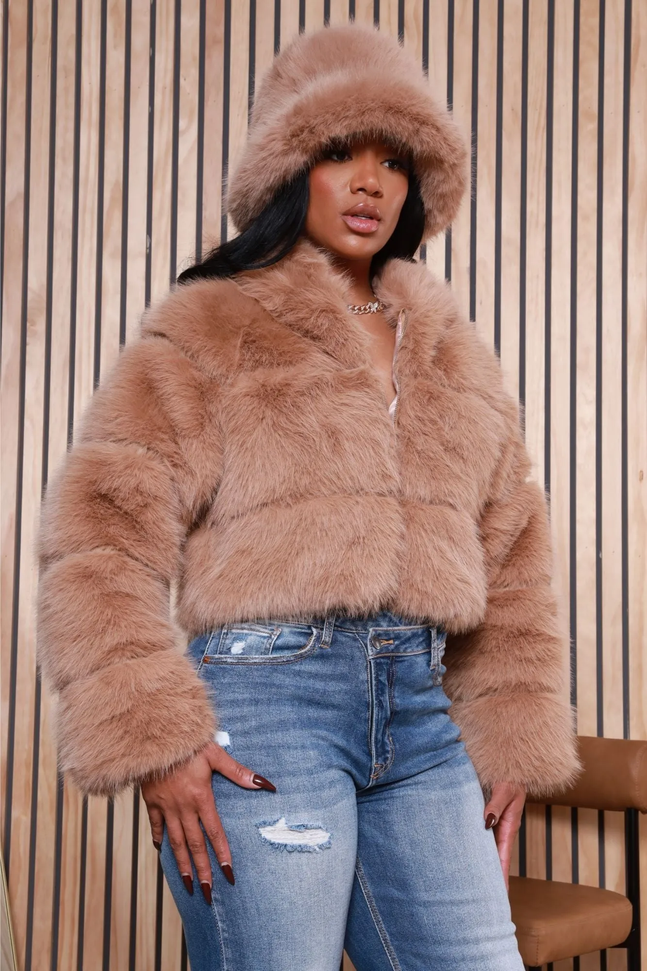 Call It Yours Faux Fur Hooded Jacket - Beige