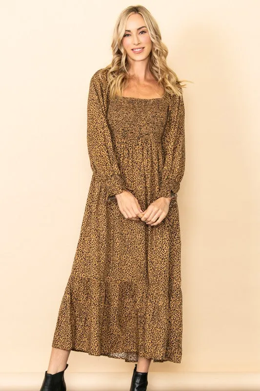 Camel Tiny Leopard Square Neck Smocking Maxi Dress