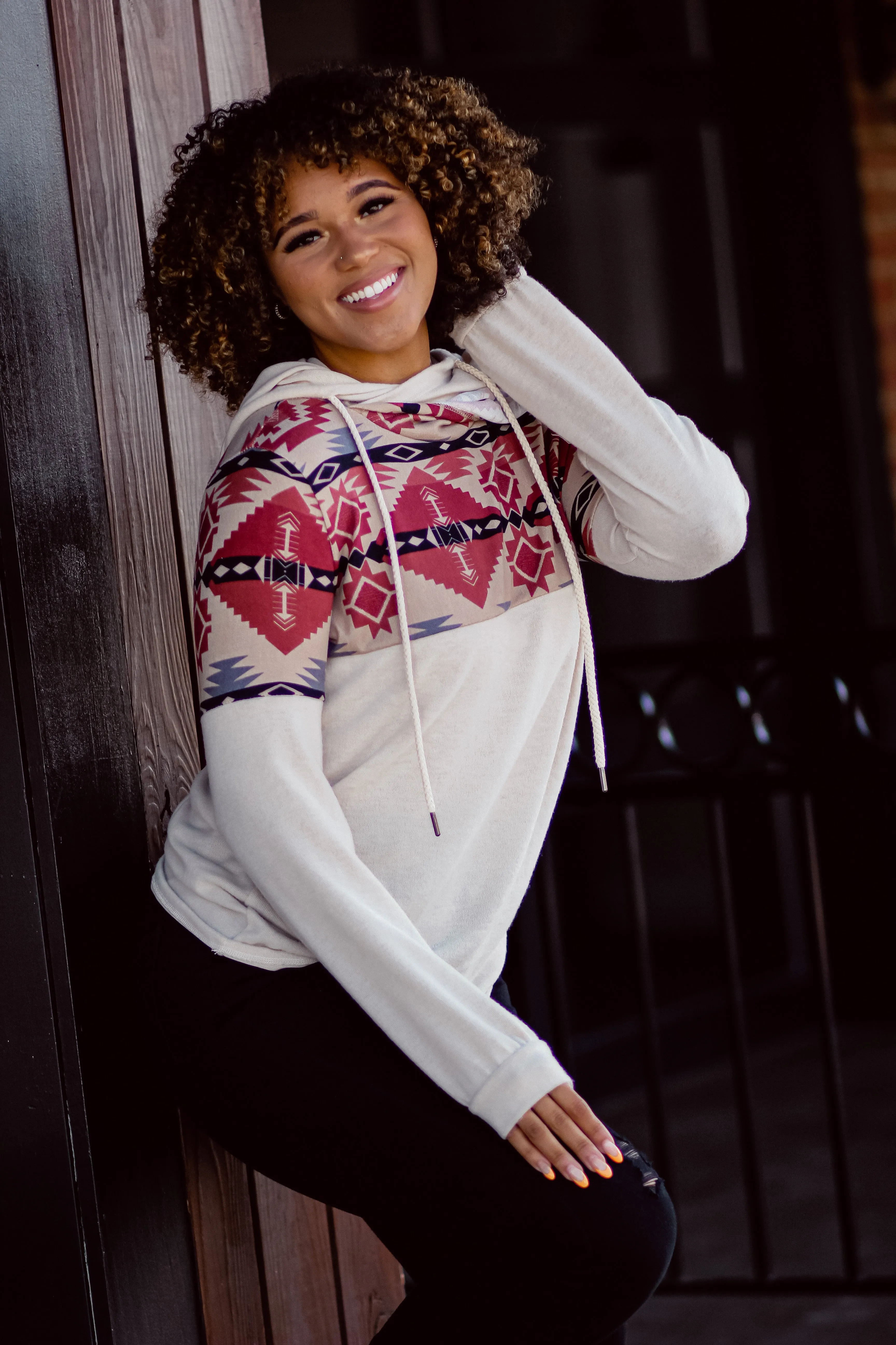 Cream Aztec Double Hooded Top