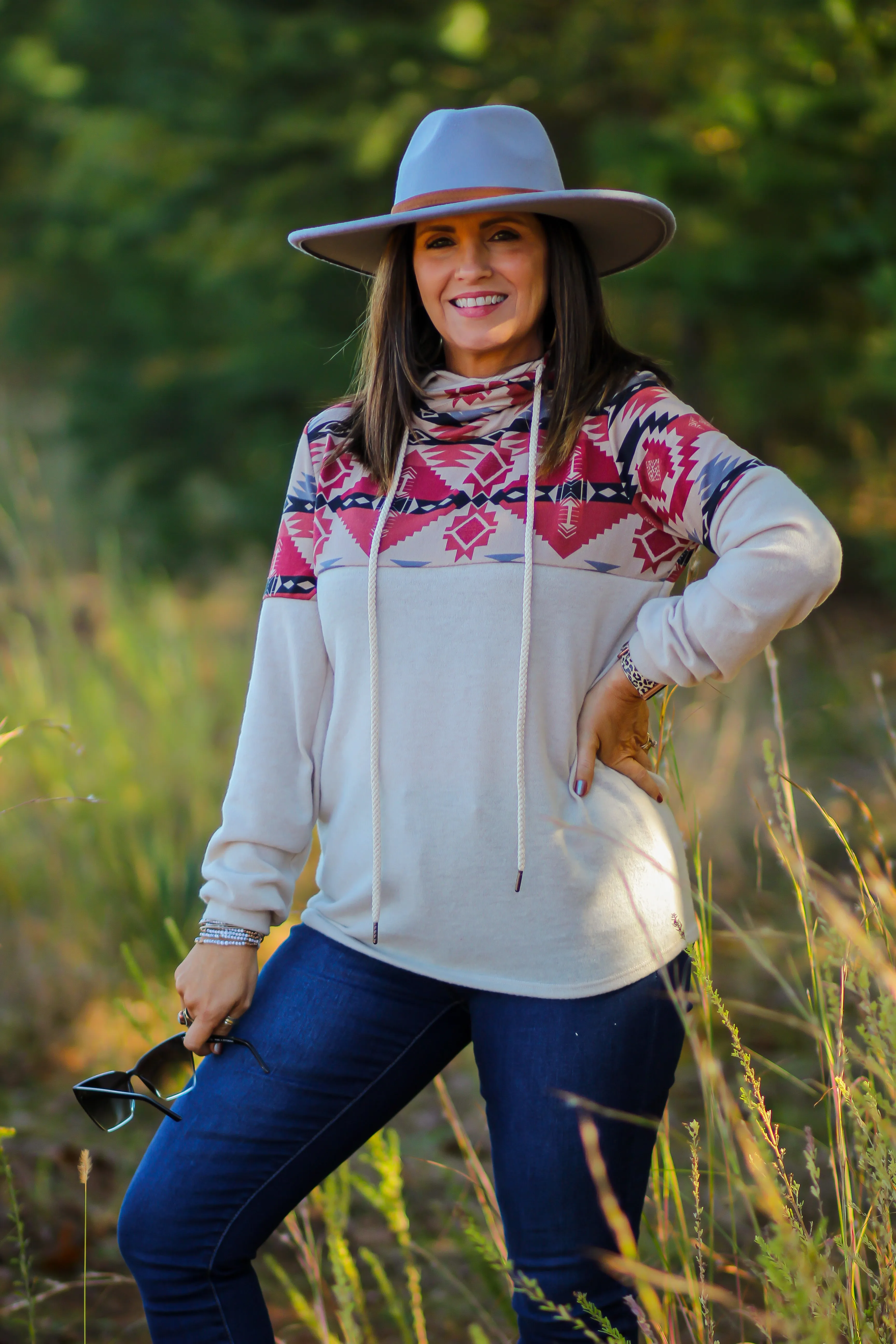 Cream Aztec Double Hooded Top