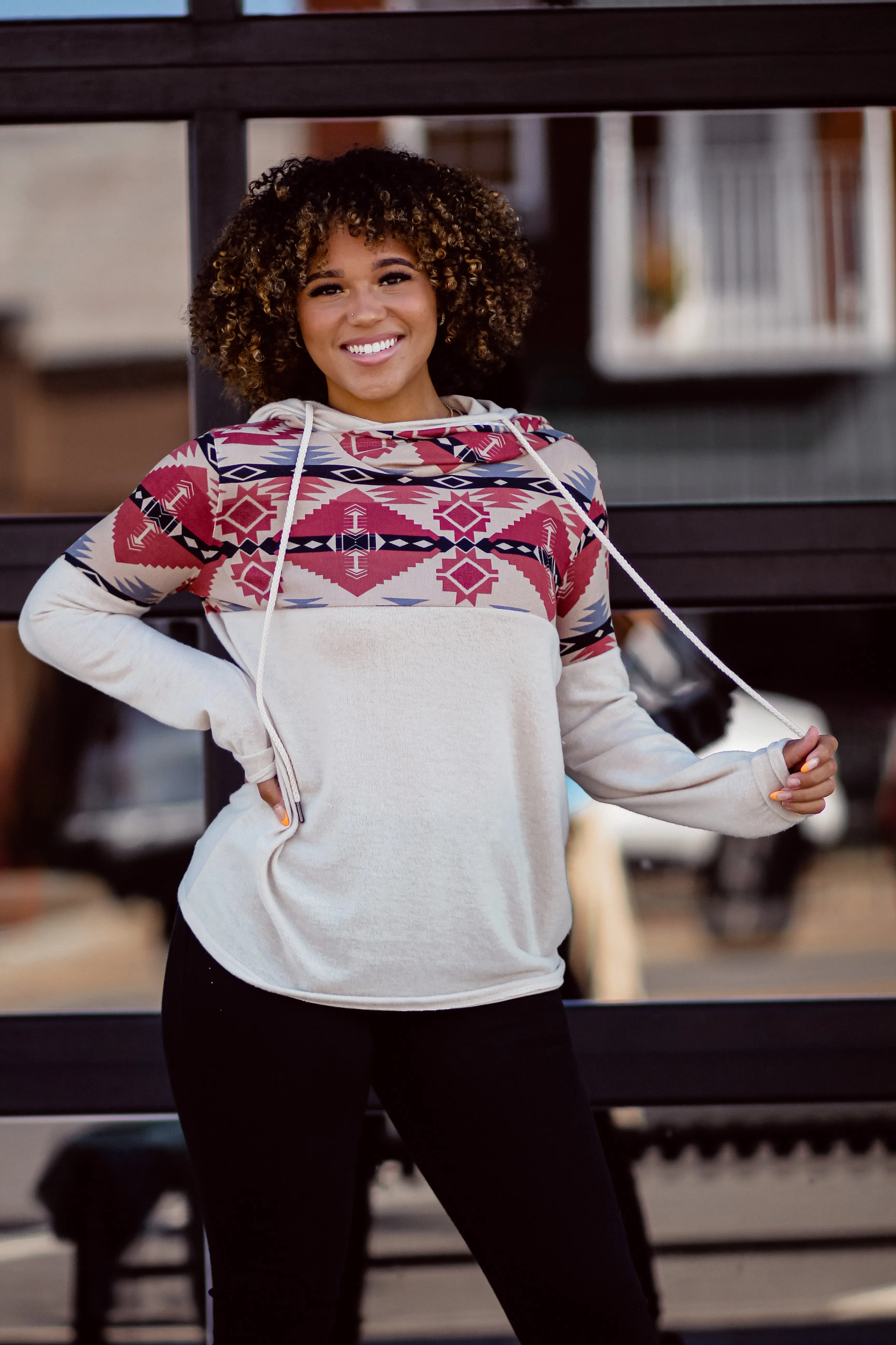 Cream Aztec Double Hooded Top