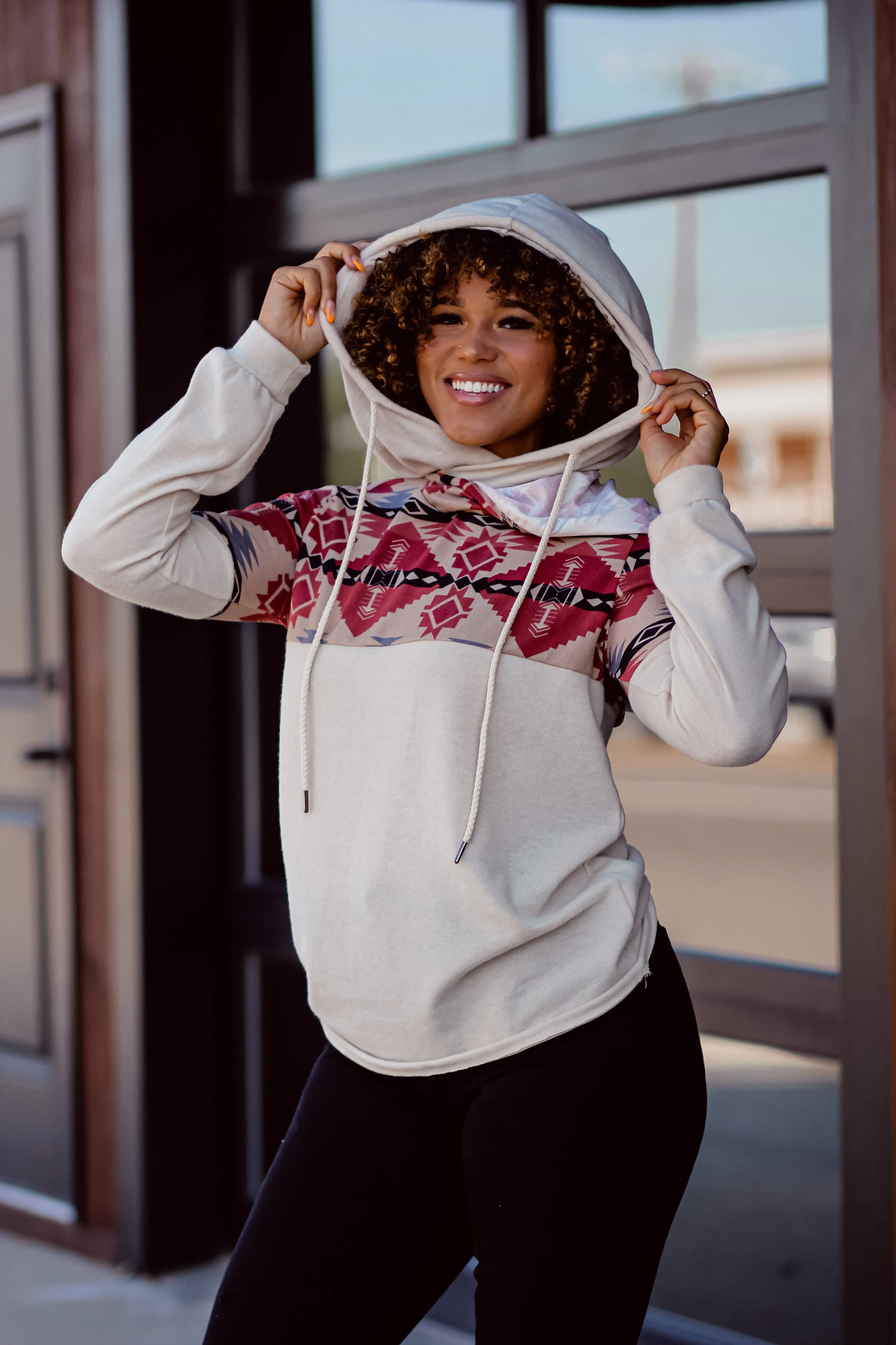 Cream Aztec Double Hooded Top