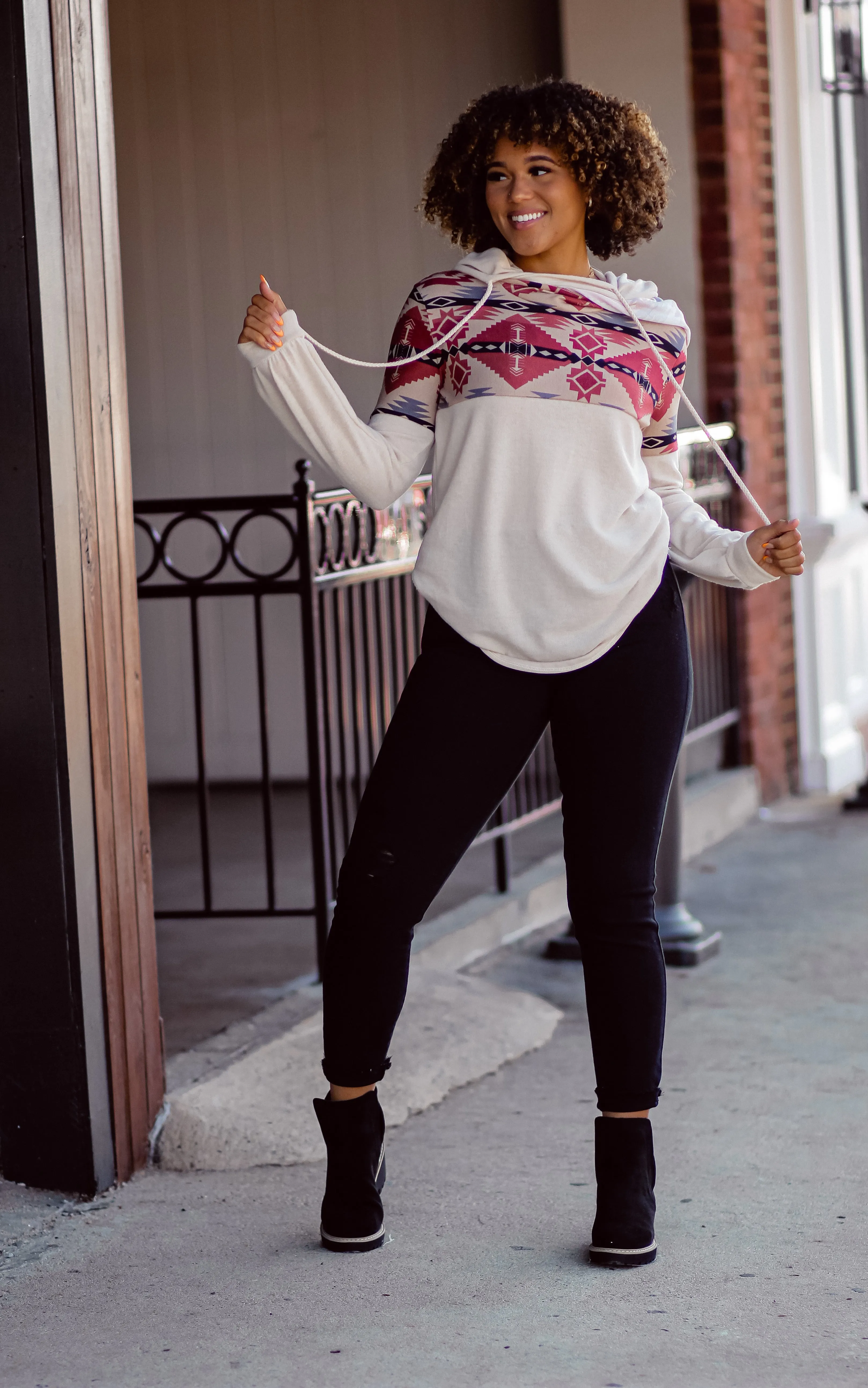 Cream Aztec Double Hooded Top