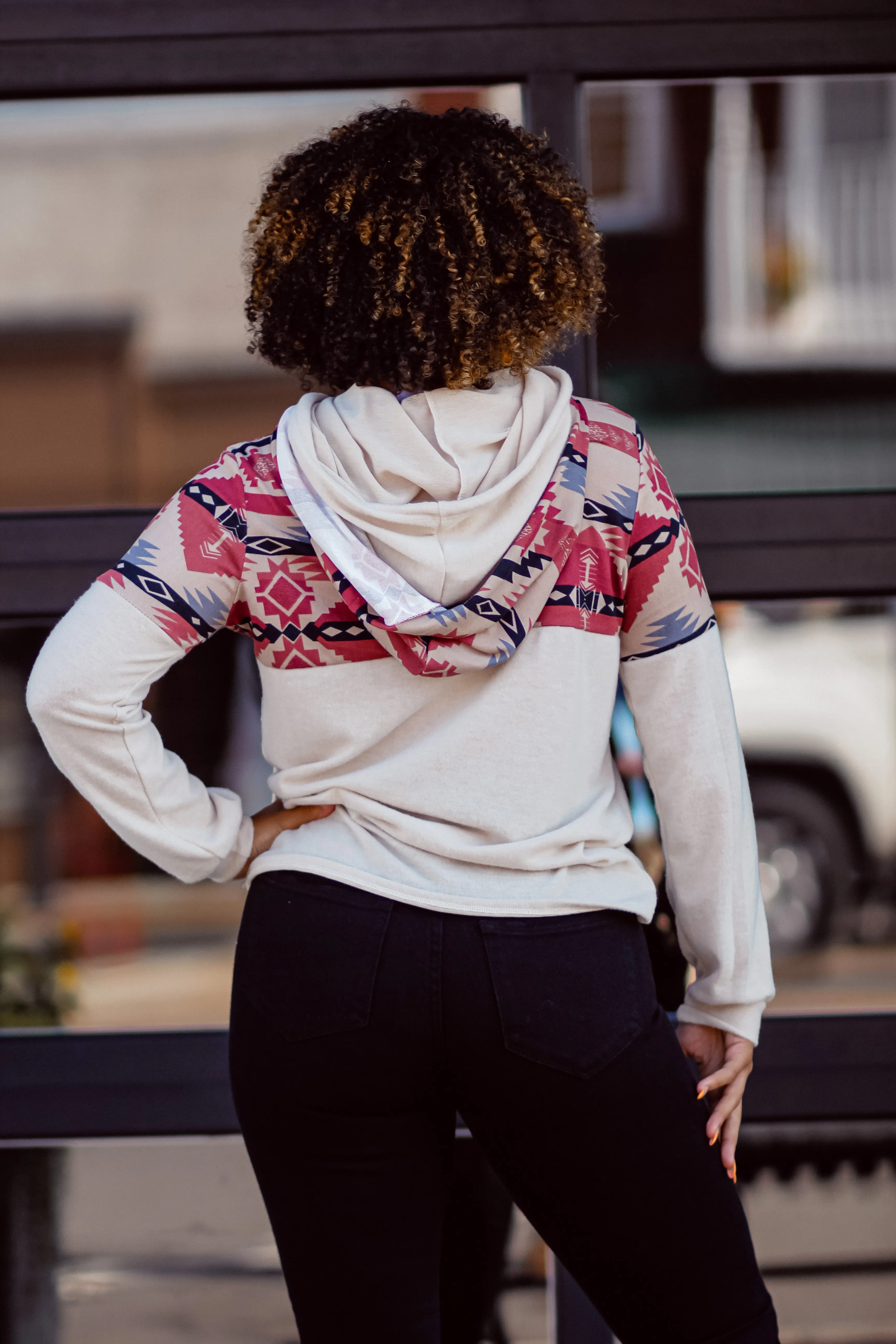 Cream Aztec Double Hooded Top