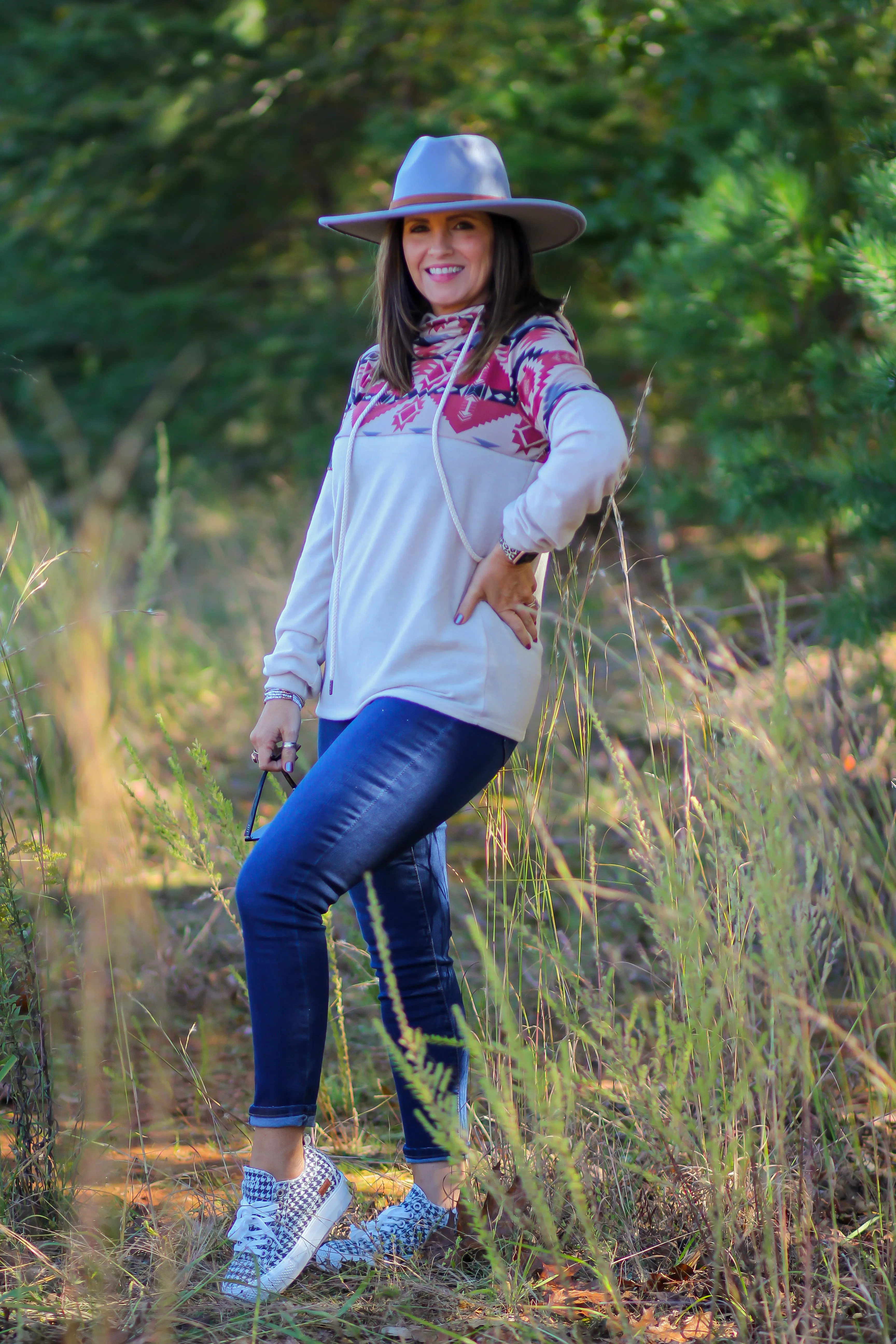Cream Aztec Double Hooded Top