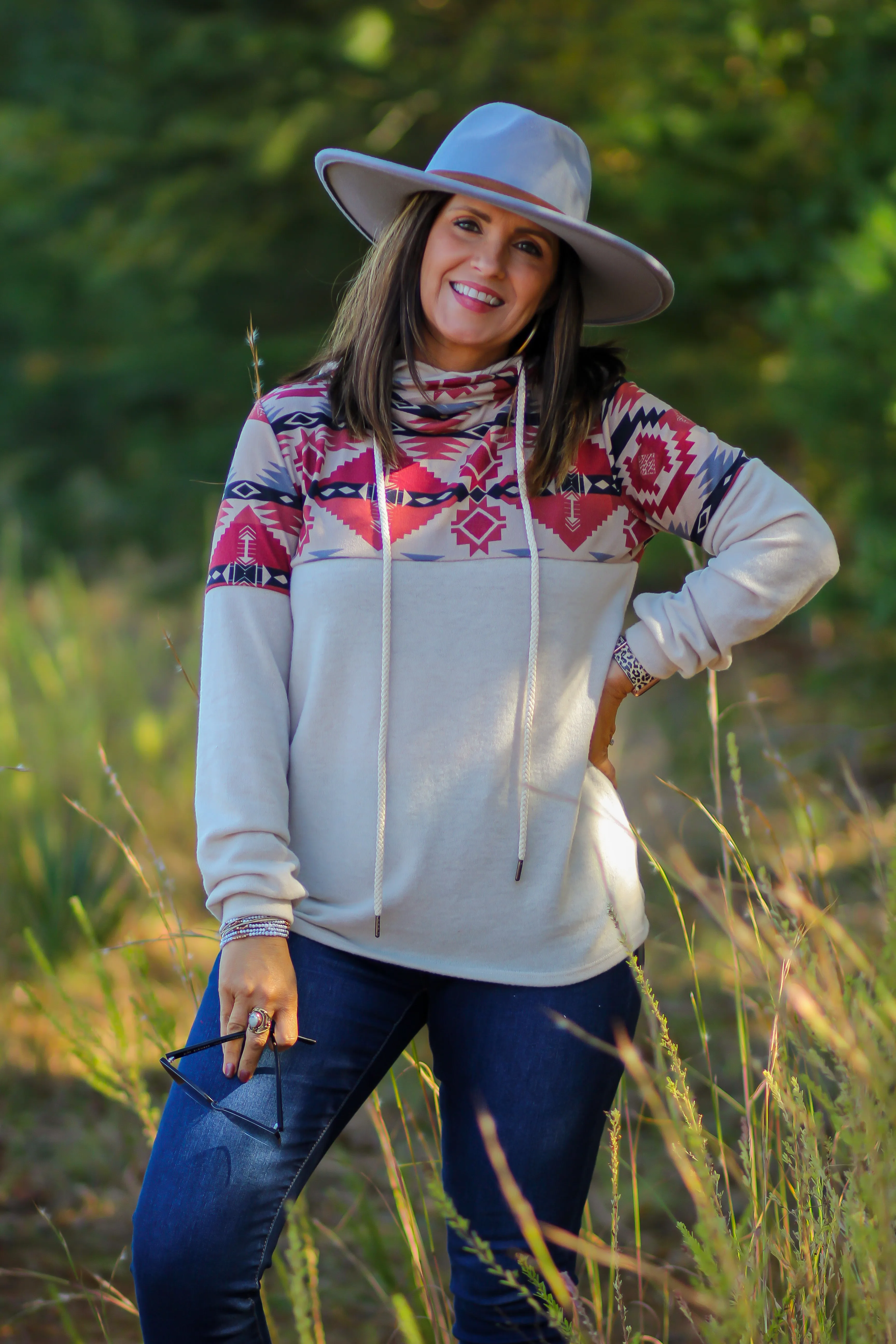 Cream Aztec Double Hooded Top