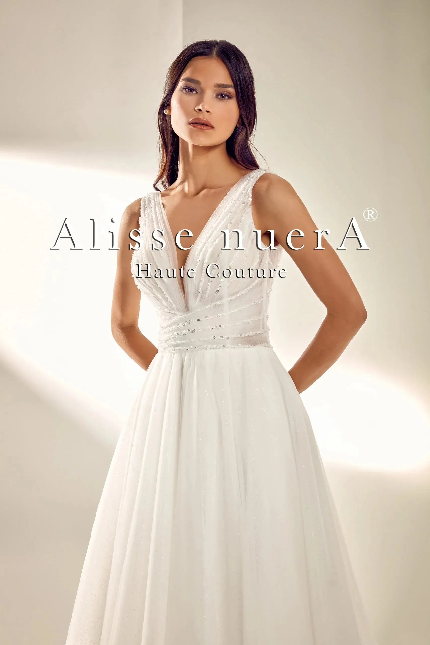Draped V Neck Sequined Tulle Dream Wedding Dress