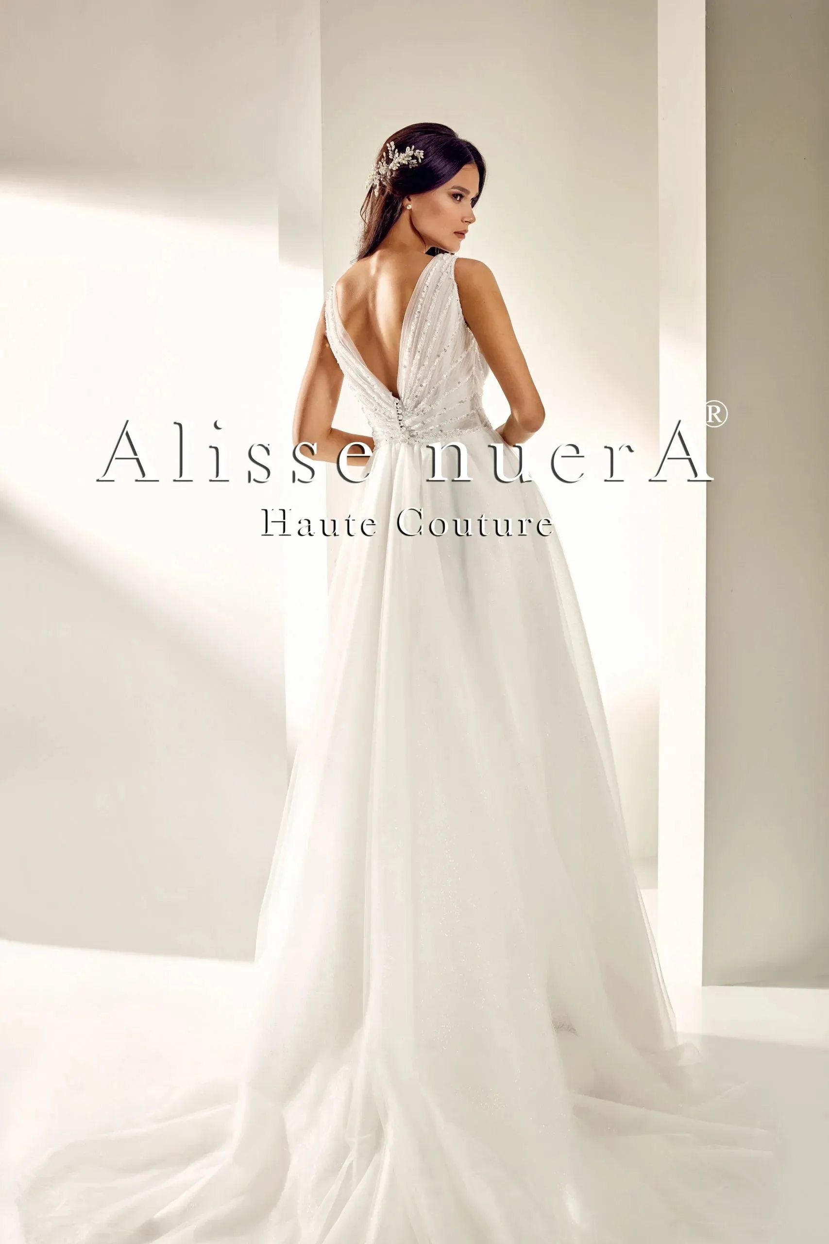Draped V Neck Sequined Tulle Dream Wedding Dress