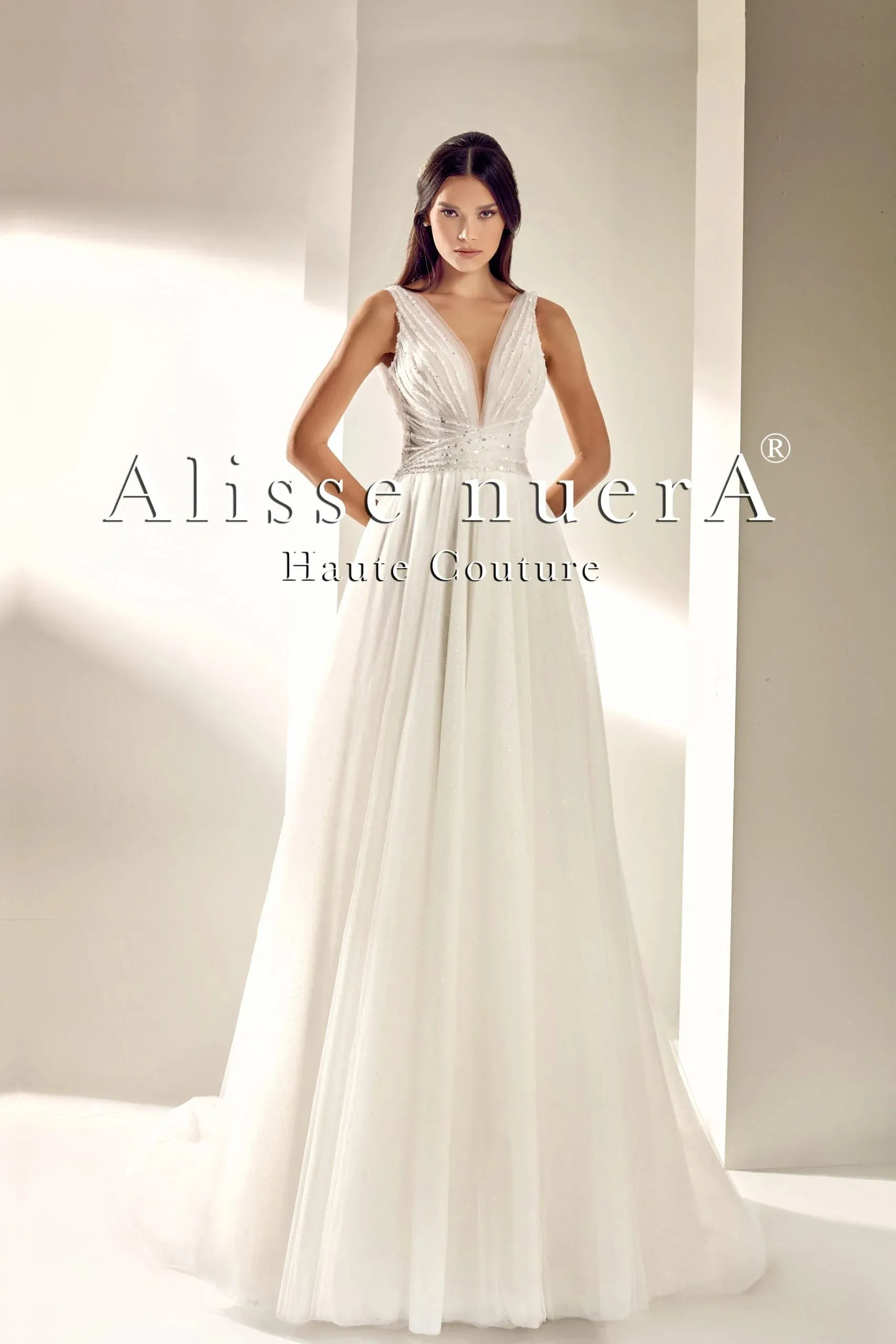 Draped V Neck Sequined Tulle Dream Wedding Dress