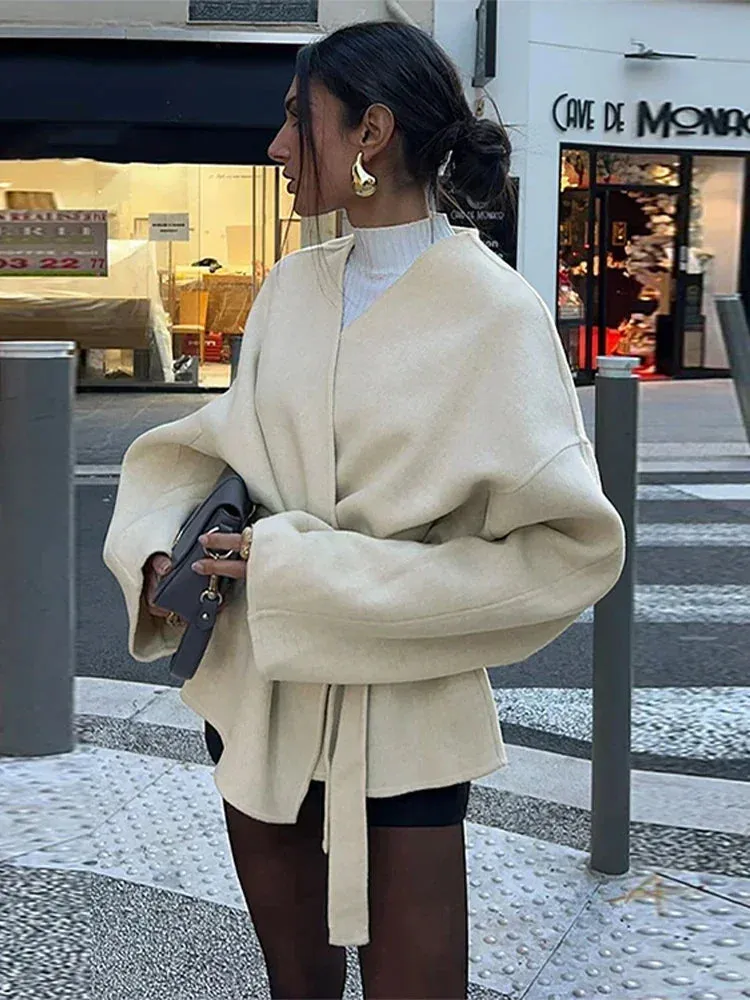 Elegant Solid Lace Up Coat for Women Chic V-neck Belt Long Sleeve Jacket Casual 2024 Autumn New Office Lady Outerwear Streetwear