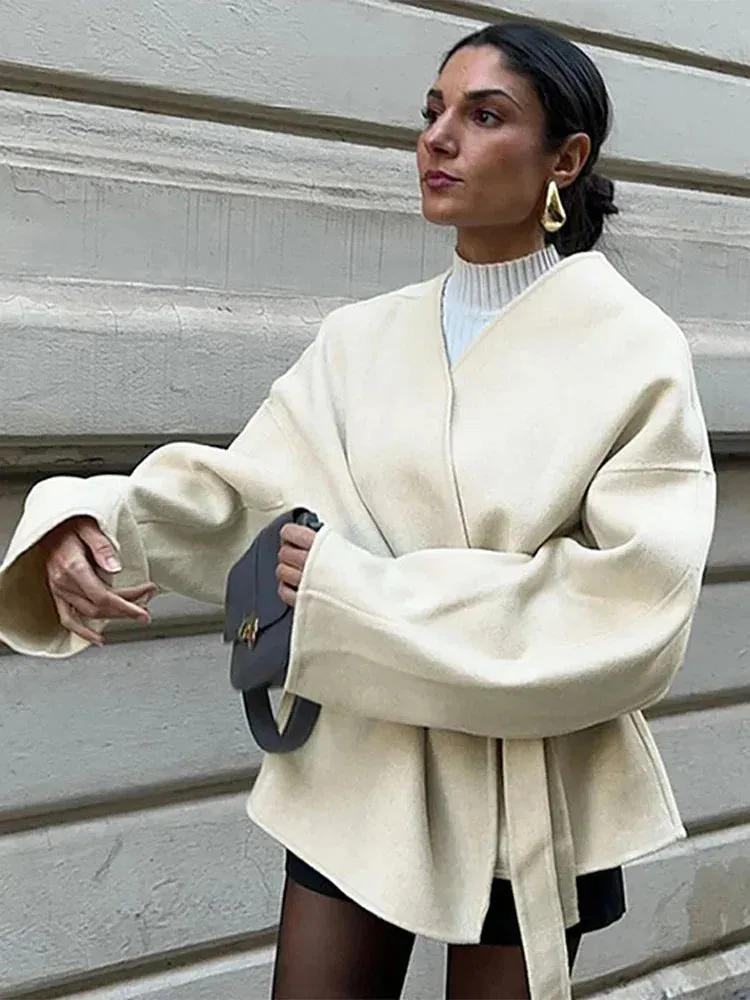 Elegant Solid Lace Up Coat for Women Chic V-neck Belt Long Sleeve Jacket Casual 2024 Autumn New Office Lady Outerwear Streetwear