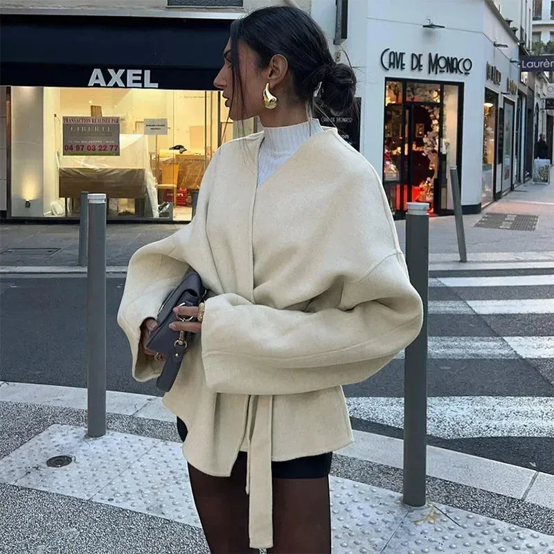 Elegant Solid Lace Up Coat for Women Chic V-neck Belt Long Sleeve Jacket Casual 2024 Autumn New Office Lady Outerwear Streetwear