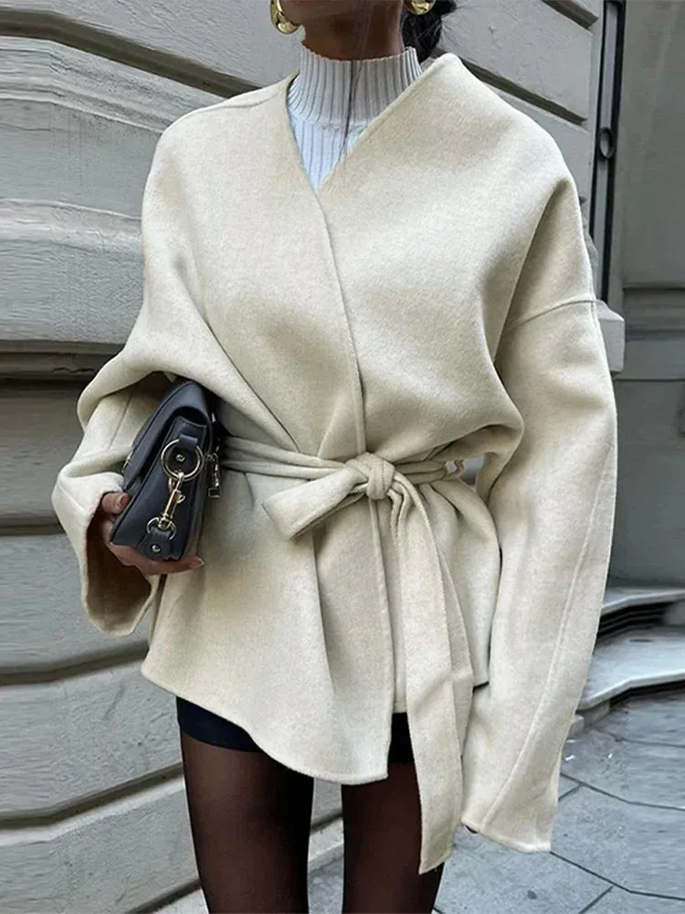 Elegant Solid Lace Up Coat for Women Chic V-neck Belt Long Sleeve Jacket Casual 2024 Autumn New Office Lady Outerwear Streetwear