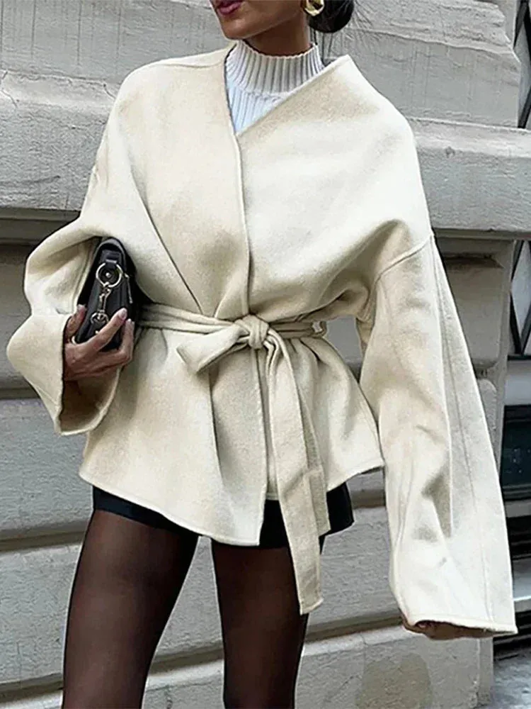 Elegant Solid Lace Up Coat for Women Chic V-neck Belt Long Sleeve Jacket Casual 2024 Autumn New Office Lady Outerwear Streetwear