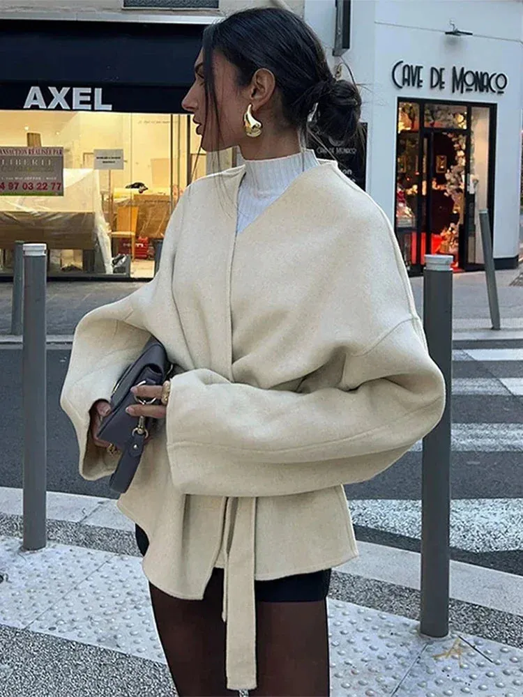 Elegant Solid Lace Up Coat for Women Chic V-neck Belt Long Sleeve Jacket Casual 2024 Autumn New Office Lady Outerwear Streetwear
