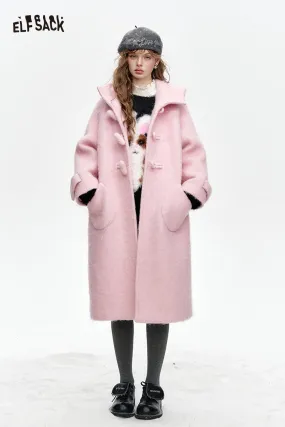 ELFSACK 2024 Winter New Arrivals Sweet pink hooded long thick coat for women