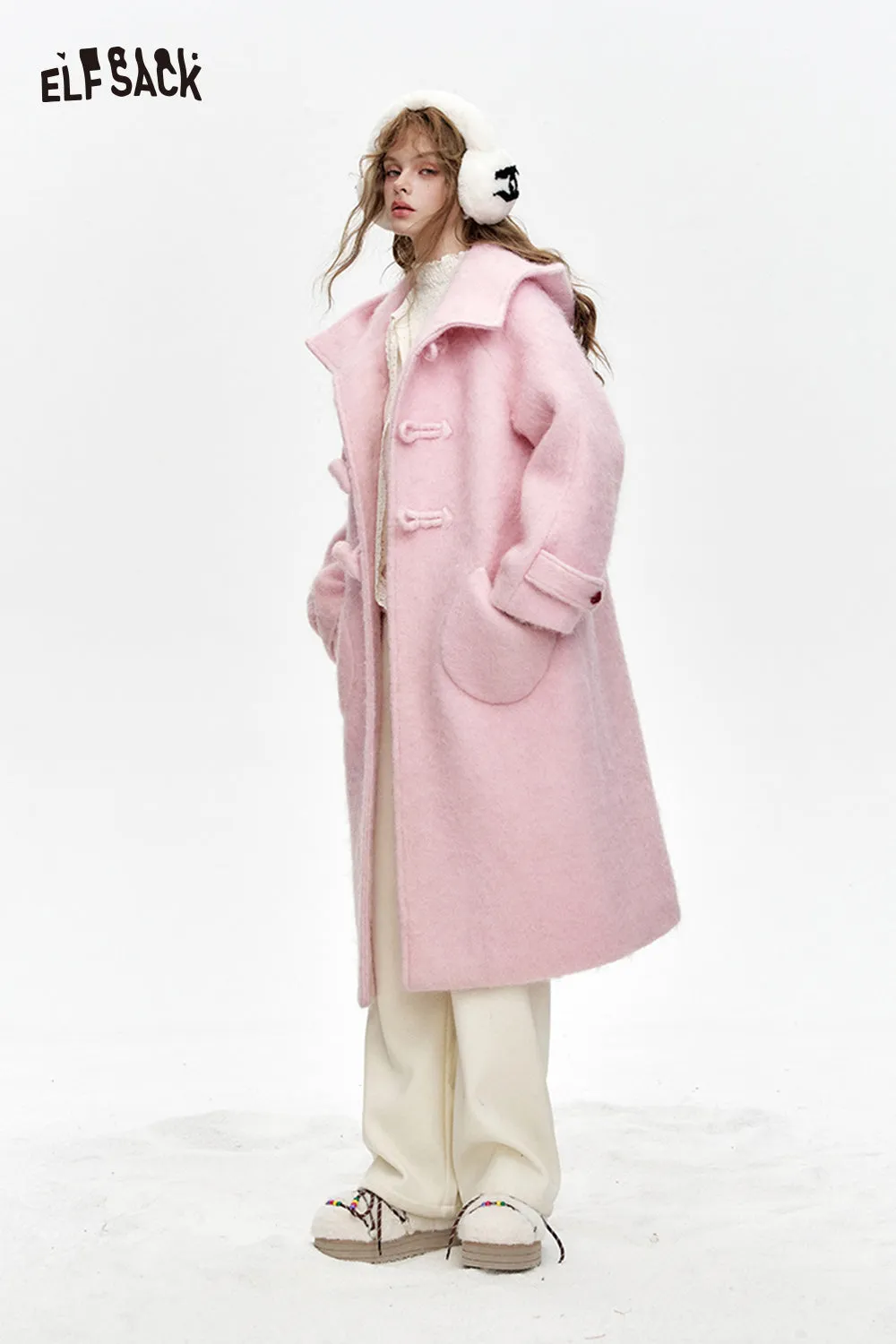 ELFSACK 2024 Winter New Arrivals Sweet pink hooded long thick coat for women
