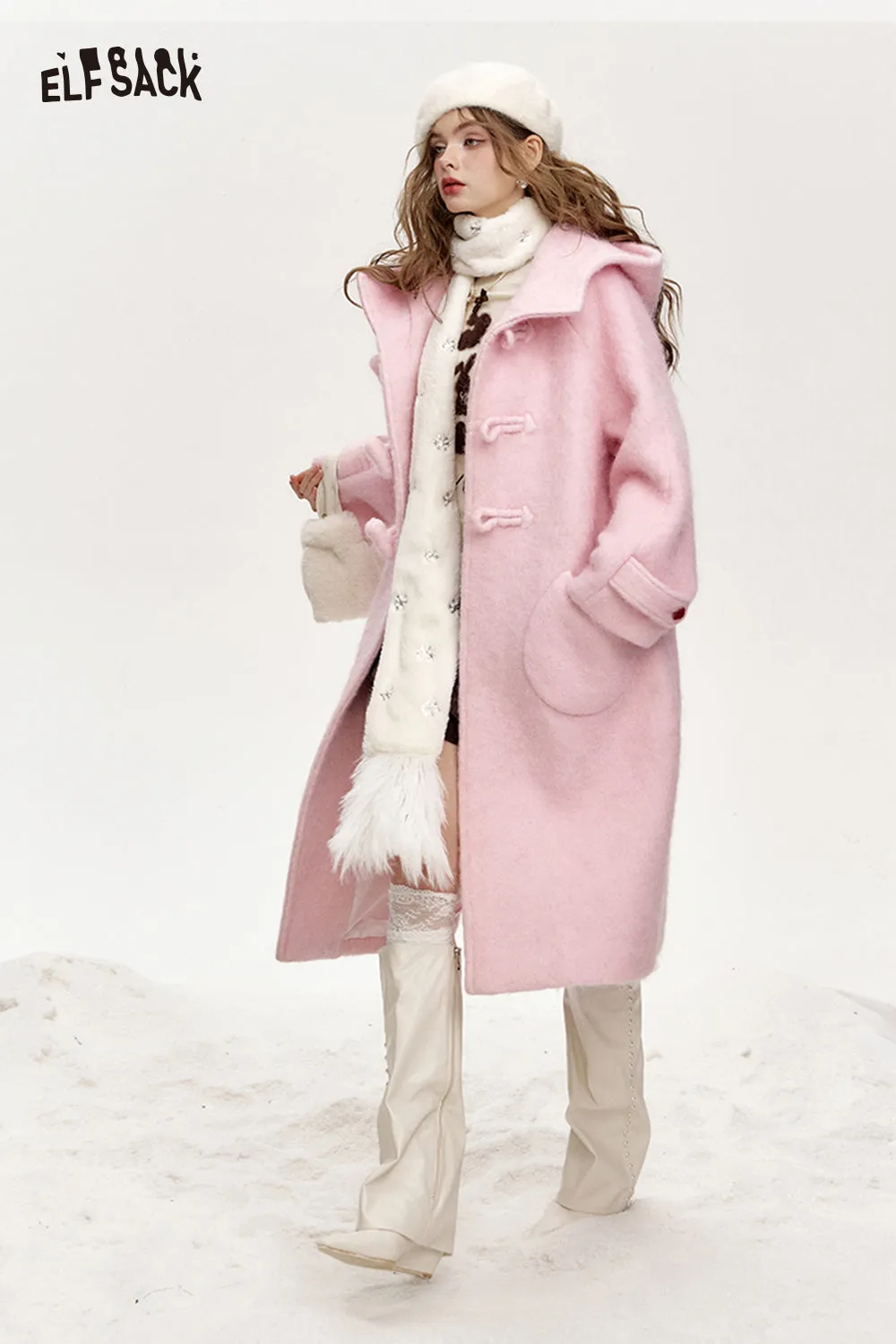 ELFSACK 2024 Winter New Arrivals Sweet pink hooded long thick coat for women
