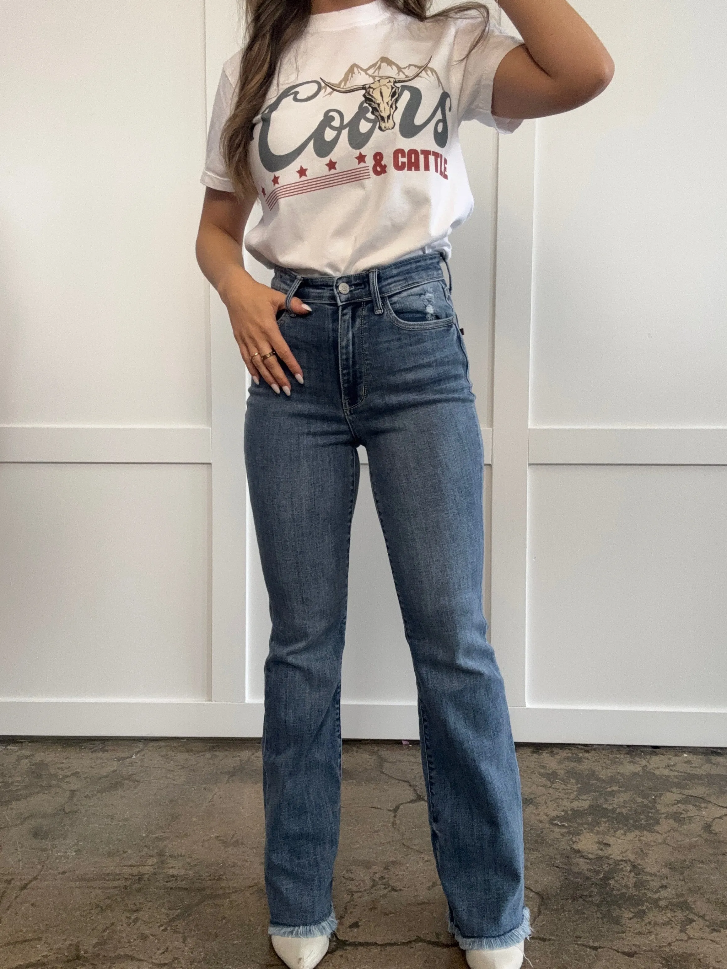 Evelyn Judy Blue Raw Hem High Rise Bootcut Jeans