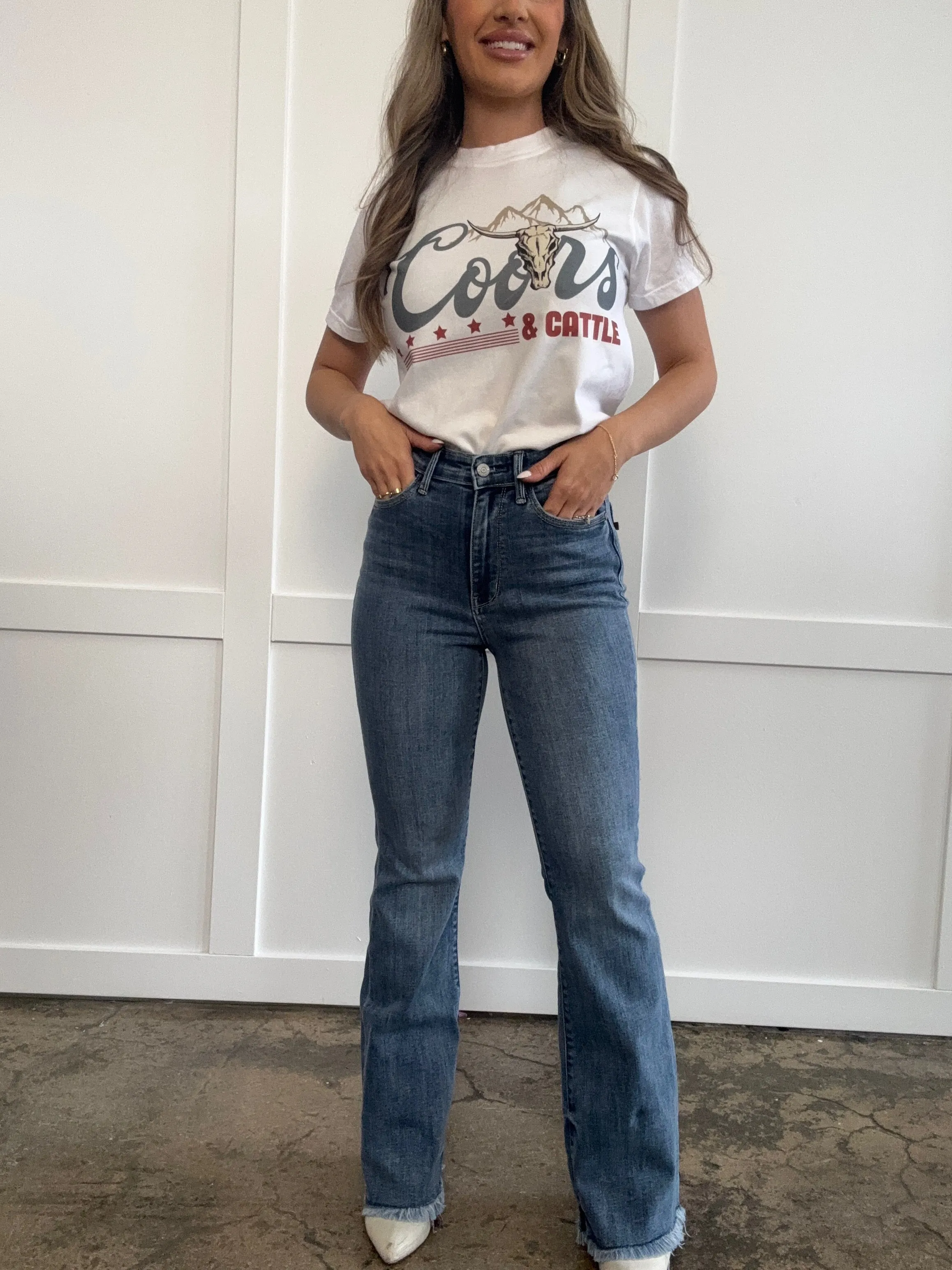 Evelyn Judy Blue Raw Hem High Rise Bootcut Jeans